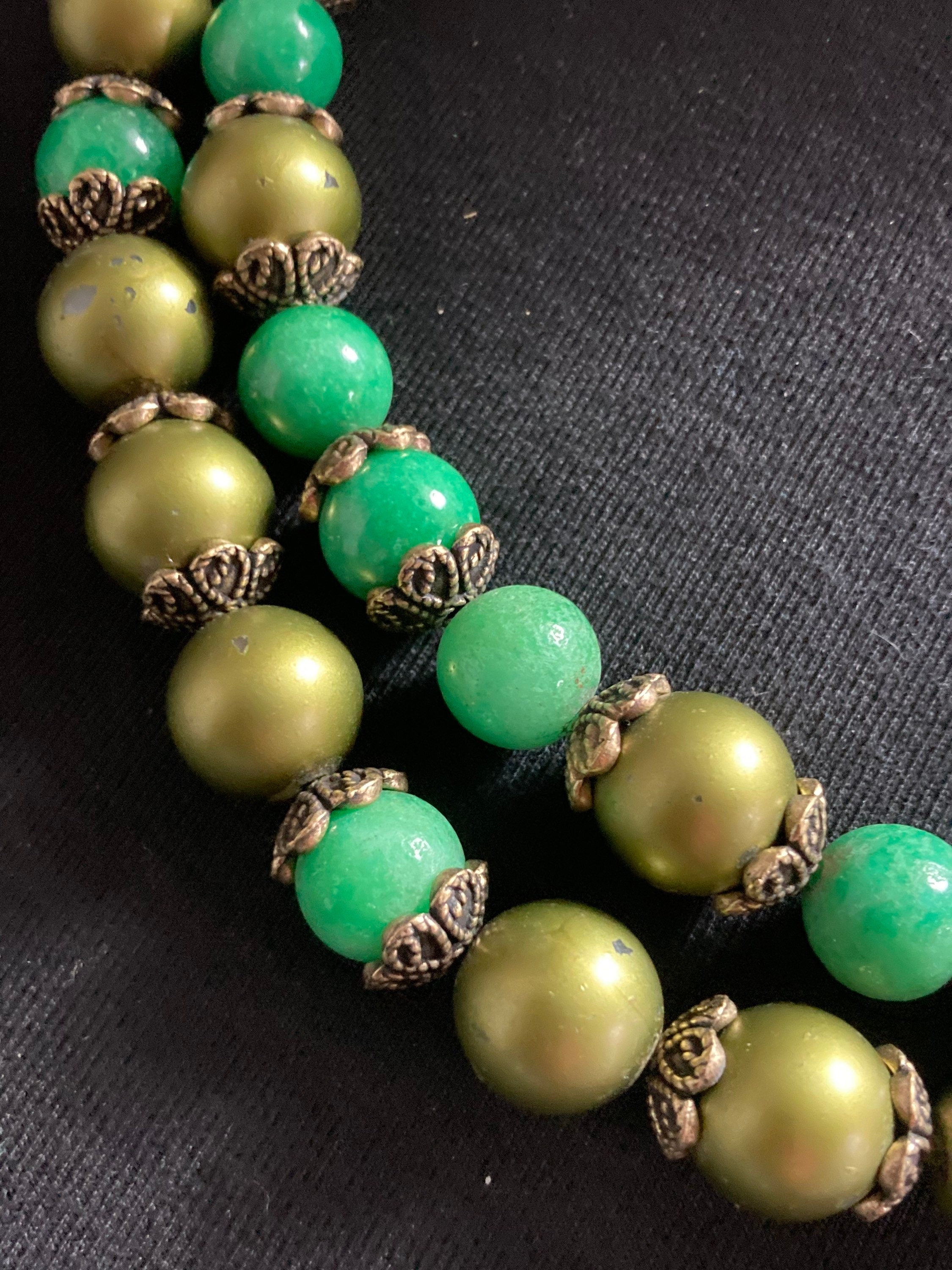 Faux Peking glass green pearl glass beaded multi strand necklace