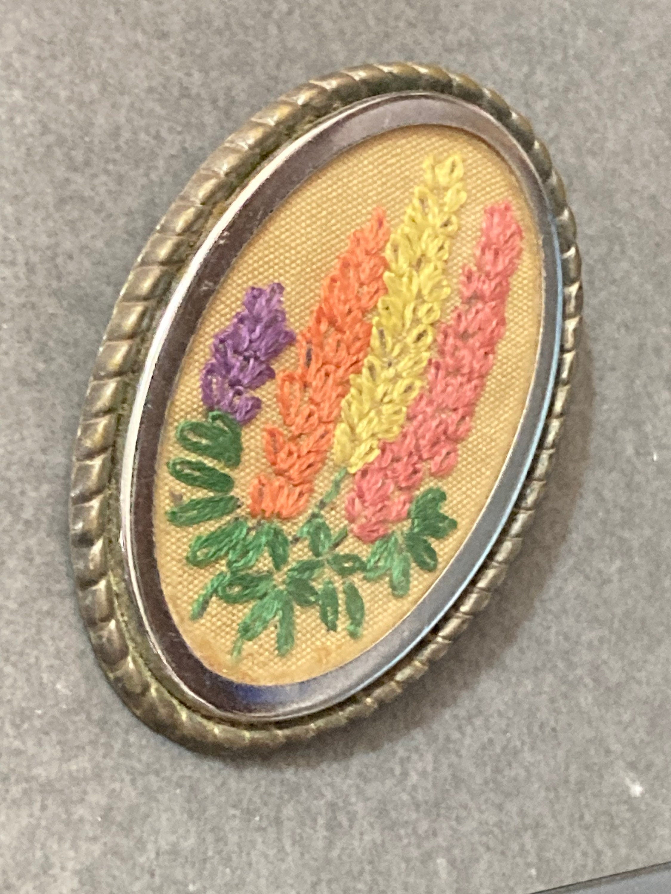 Tapestry embroidery brooch Floral Gold tone pink blue yellow spring flowers