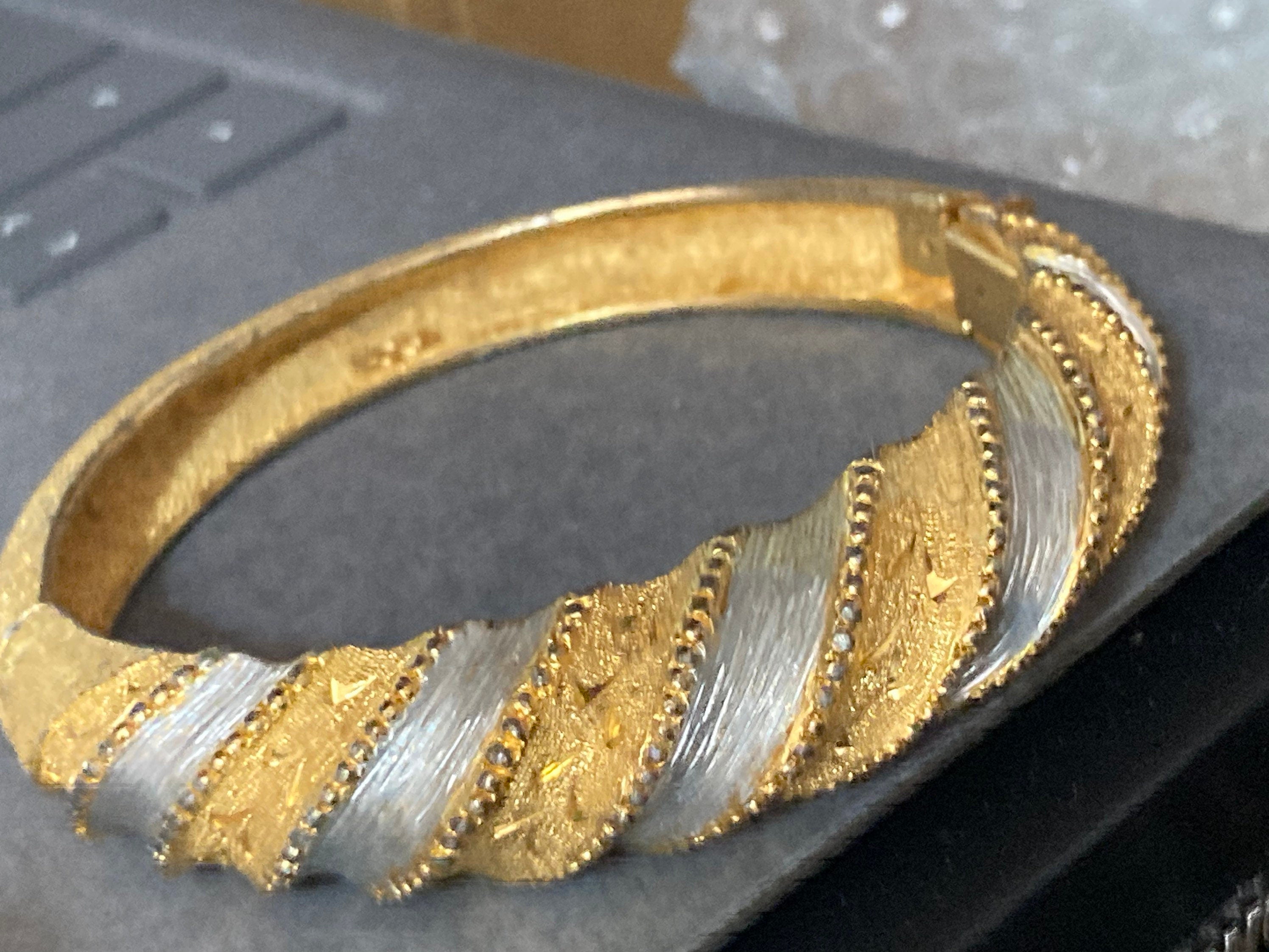 gold and silver tone etched clamper bangle bracelet
