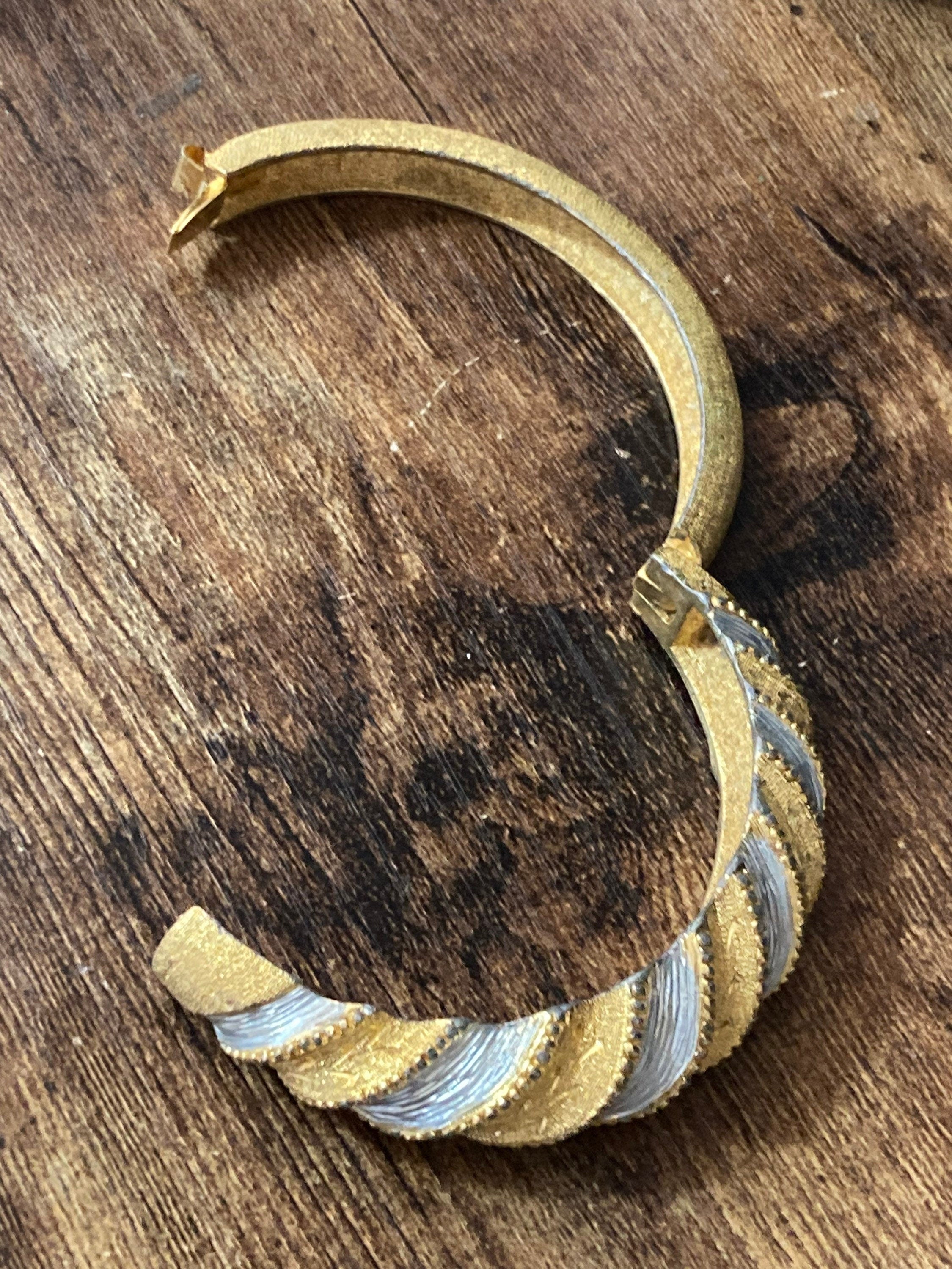 gold and silver tone etched clamper bangle bracelet