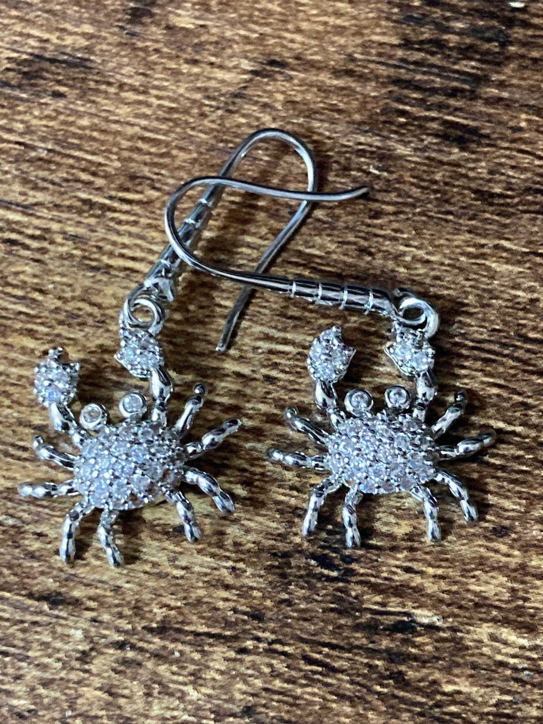 Diamanté crab earrings silver plated crystal rhinestone pierced