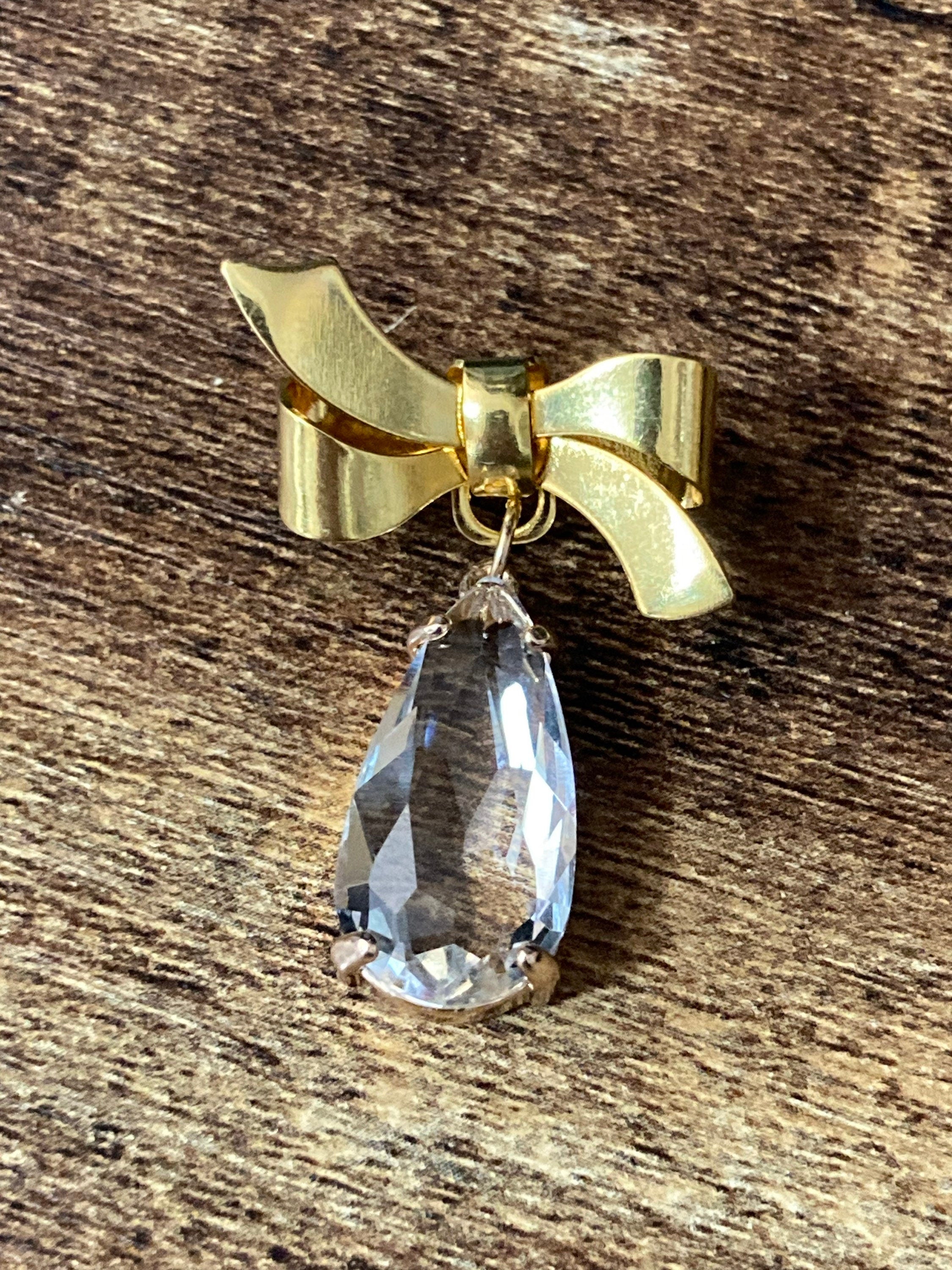 Large Crystal drop bow brooch diamanté gold tone