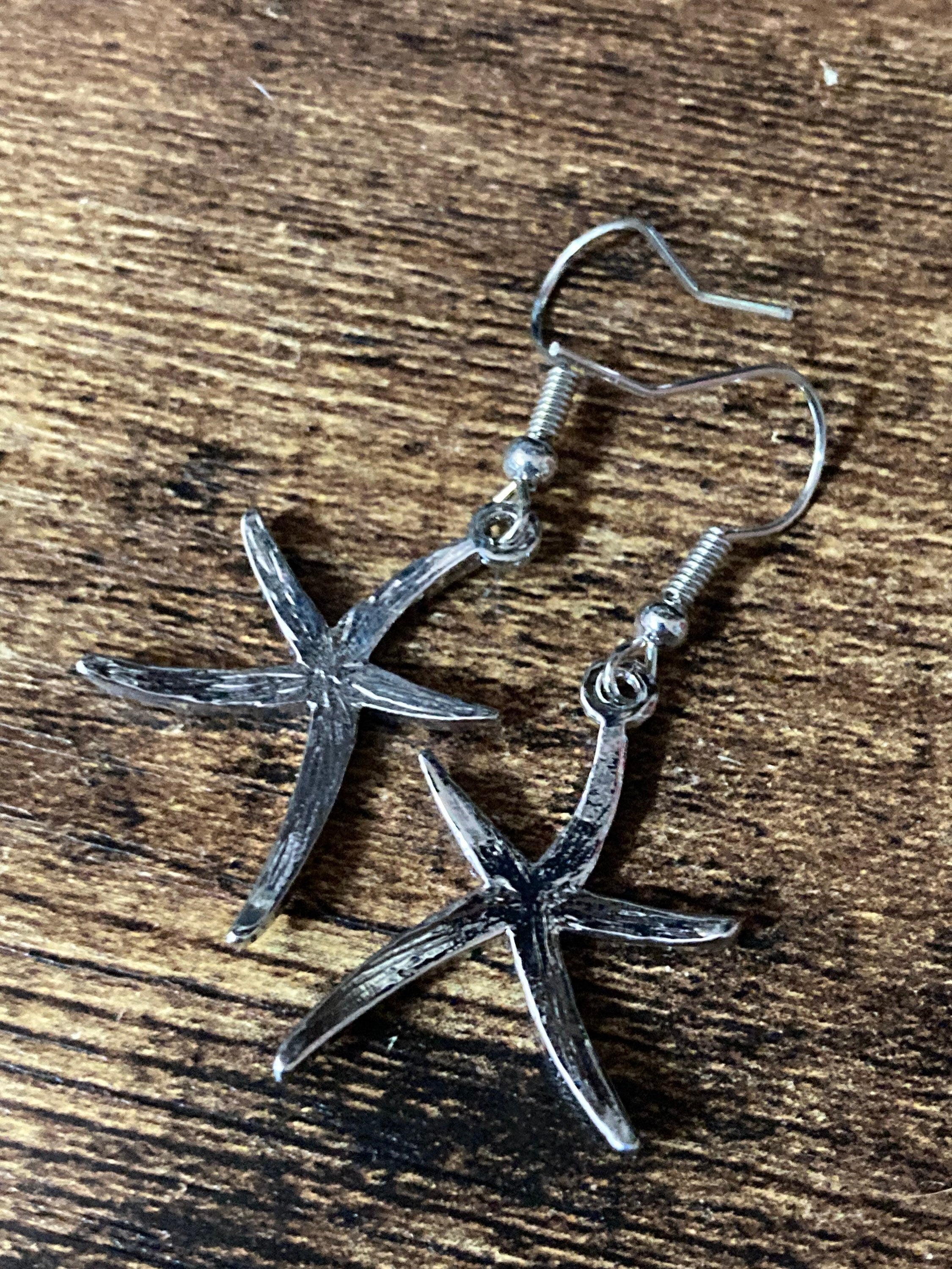 silver blue enamel starfish earrings for pierced ears