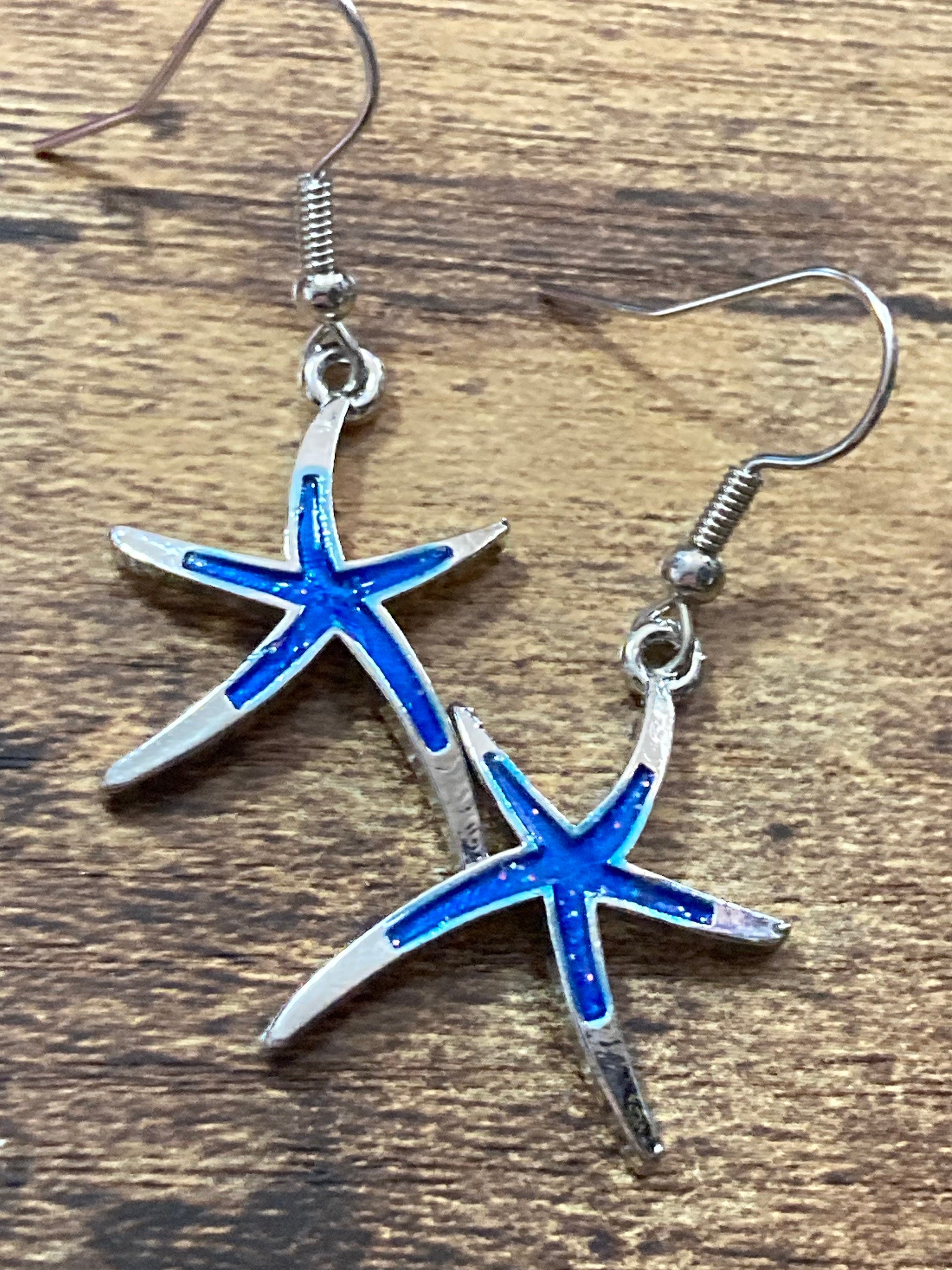 silver blue enamel starfish earrings for pierced ears