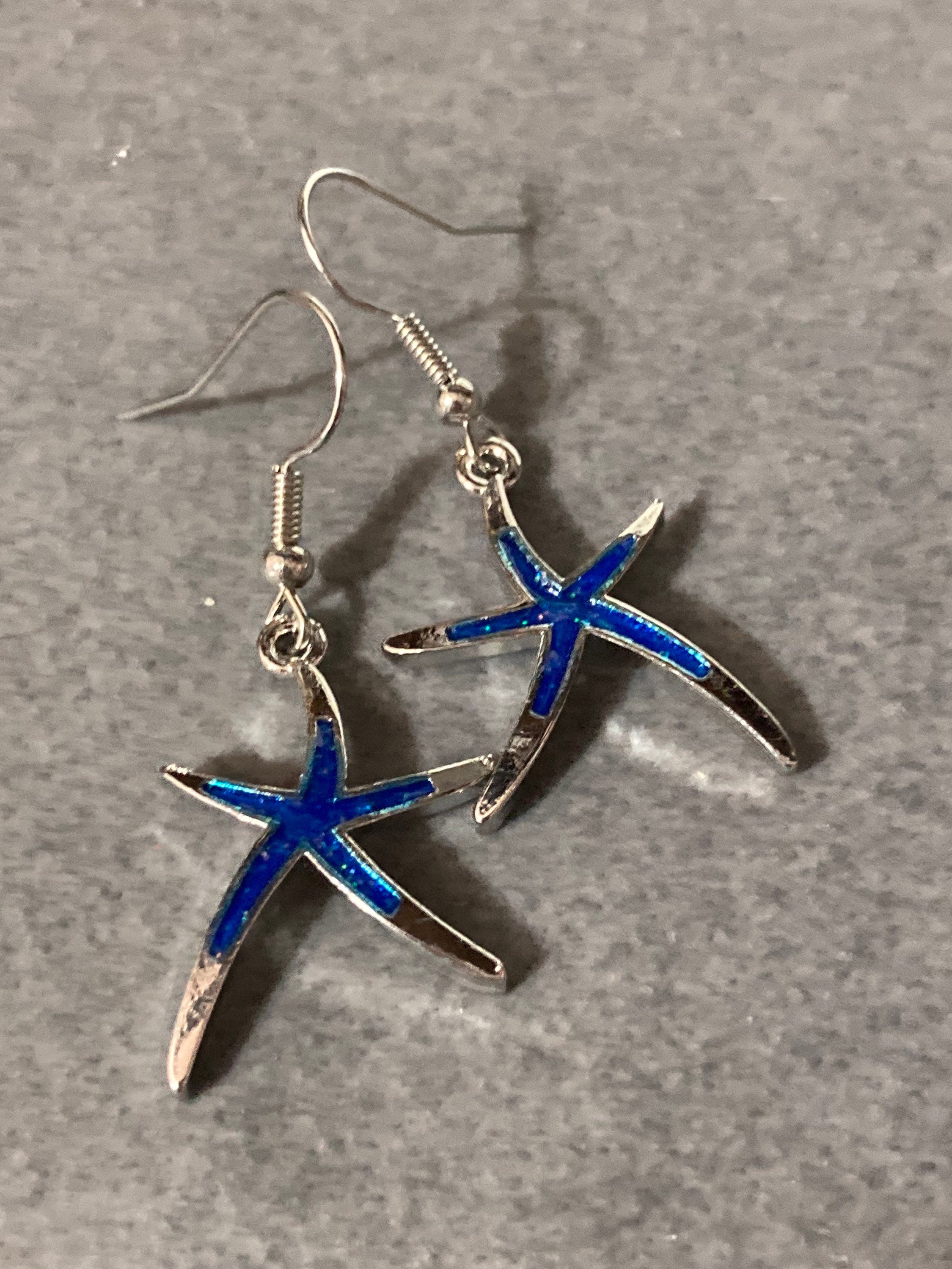 silver blue enamel starfish earrings for pierced ears