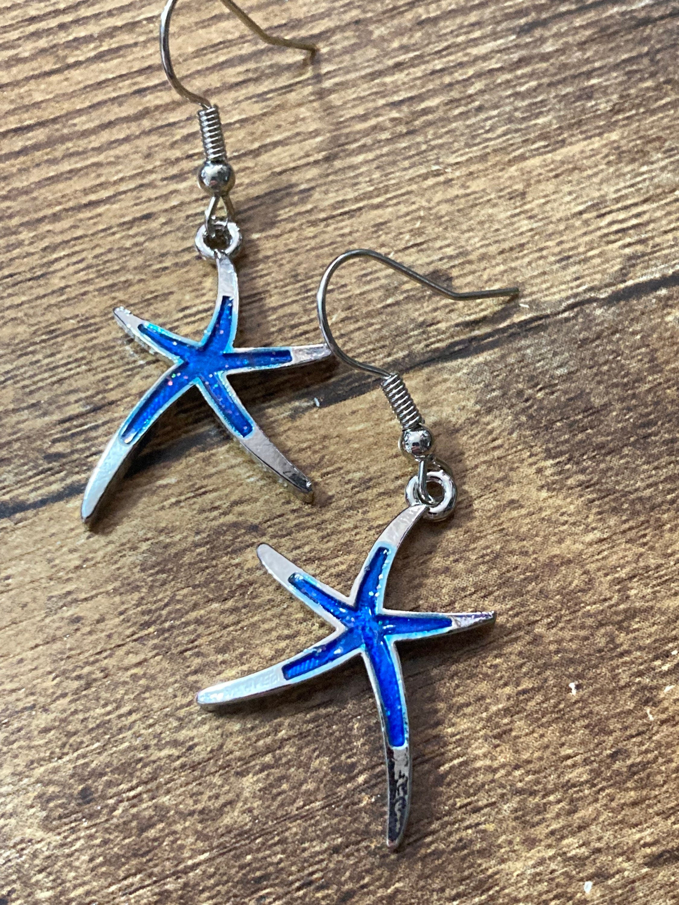 silver blue enamel starfish earrings for pierced ears