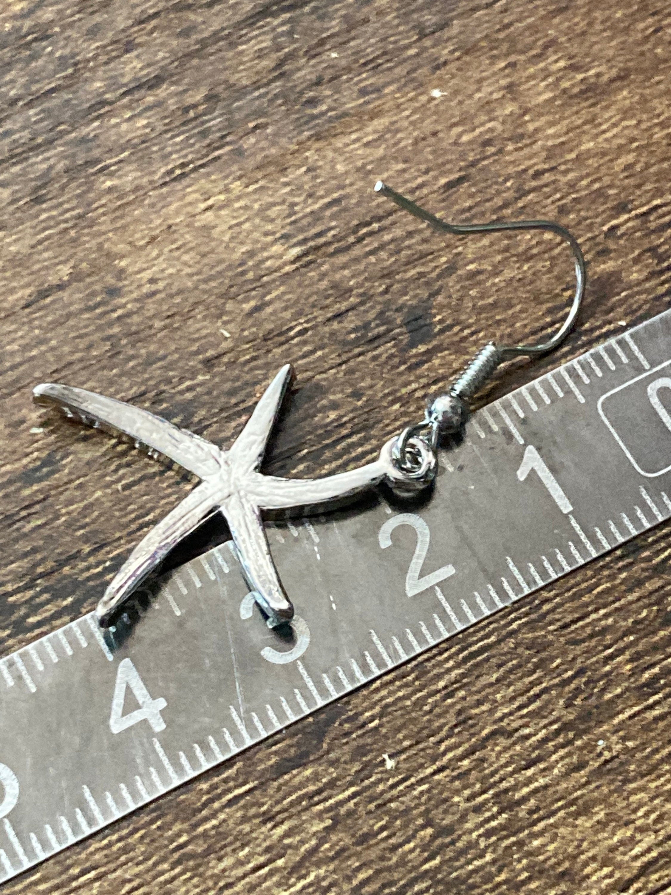 silver blue enamel starfish earrings for pierced ears