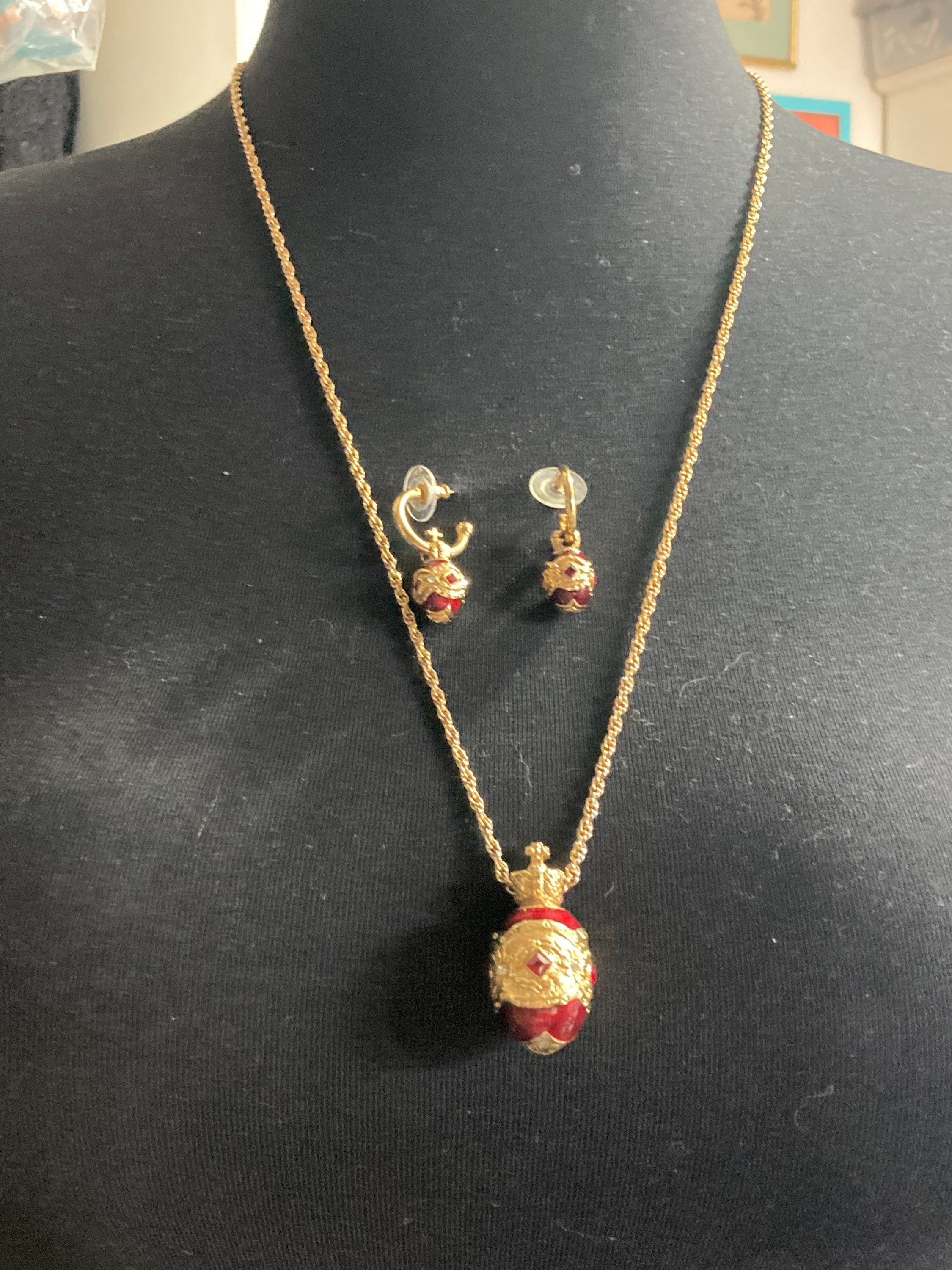 Joan rivers faberge inspired red enamel egg pendant necklace 70cm and pierced hoop earrings 3cm jewellery set