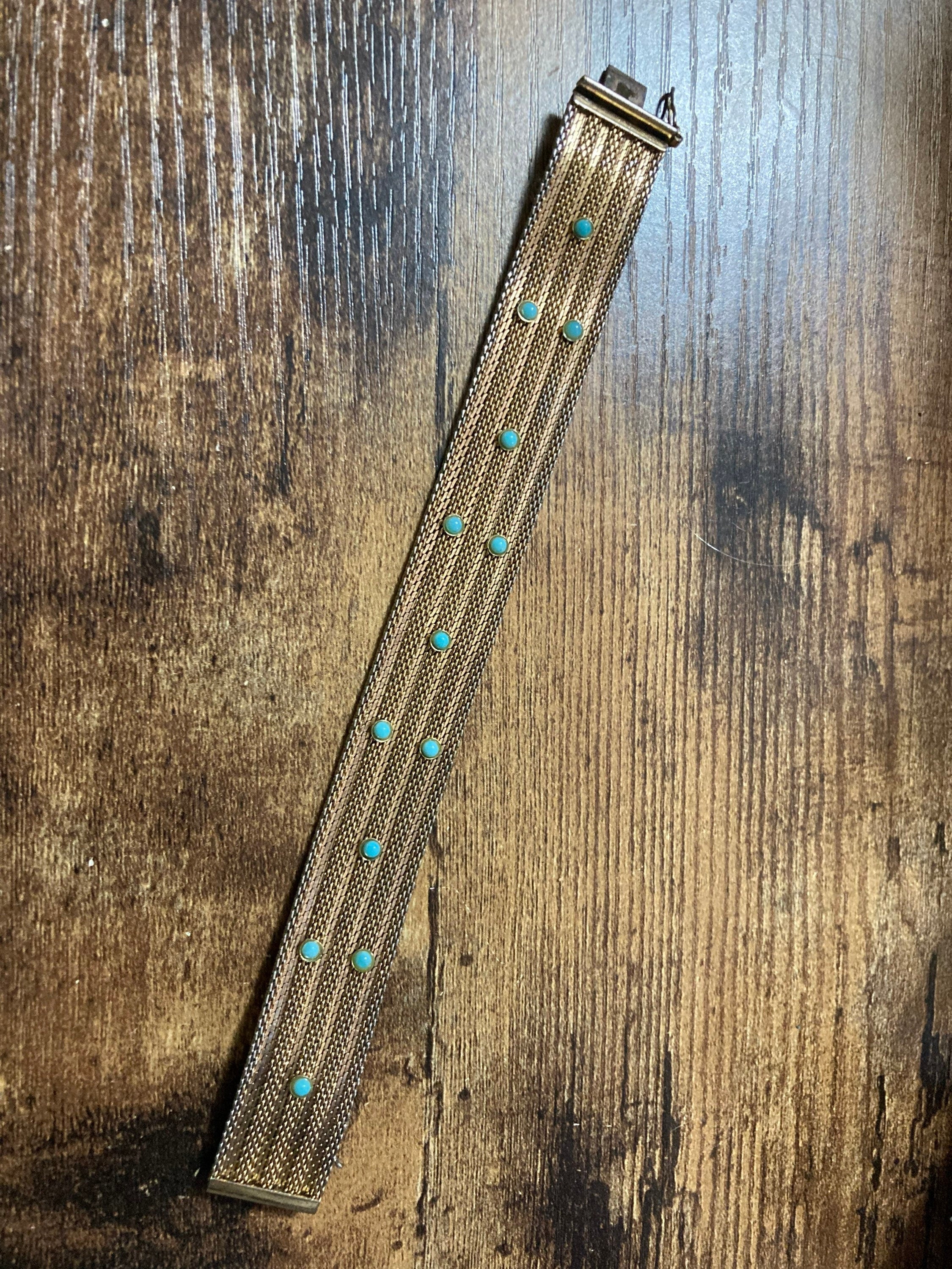 fine mesh gold tone bracelet with turquoise blue paste 18cm long