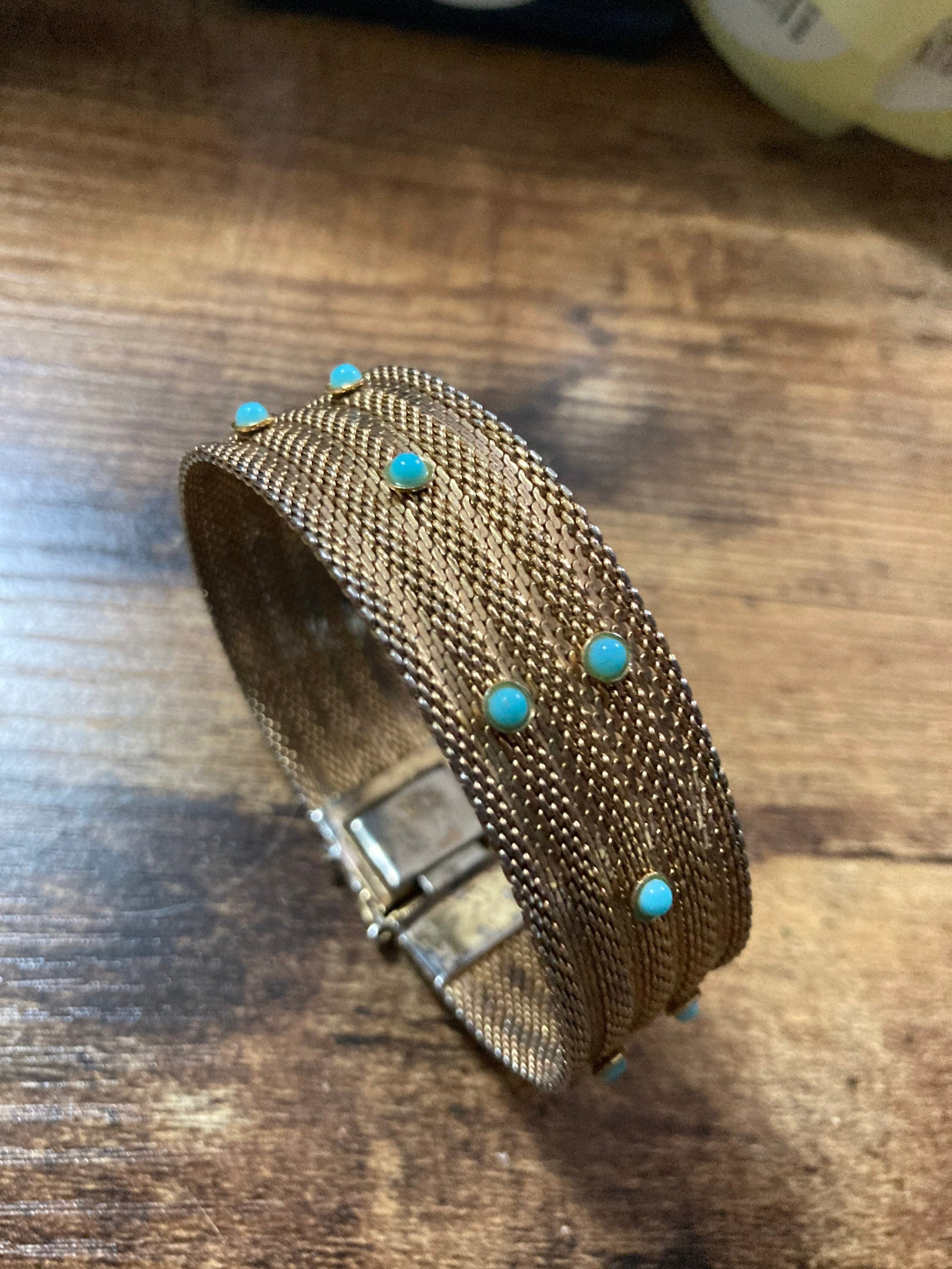 fine mesh gold tone bracelet with turquoise blue paste 18cm long