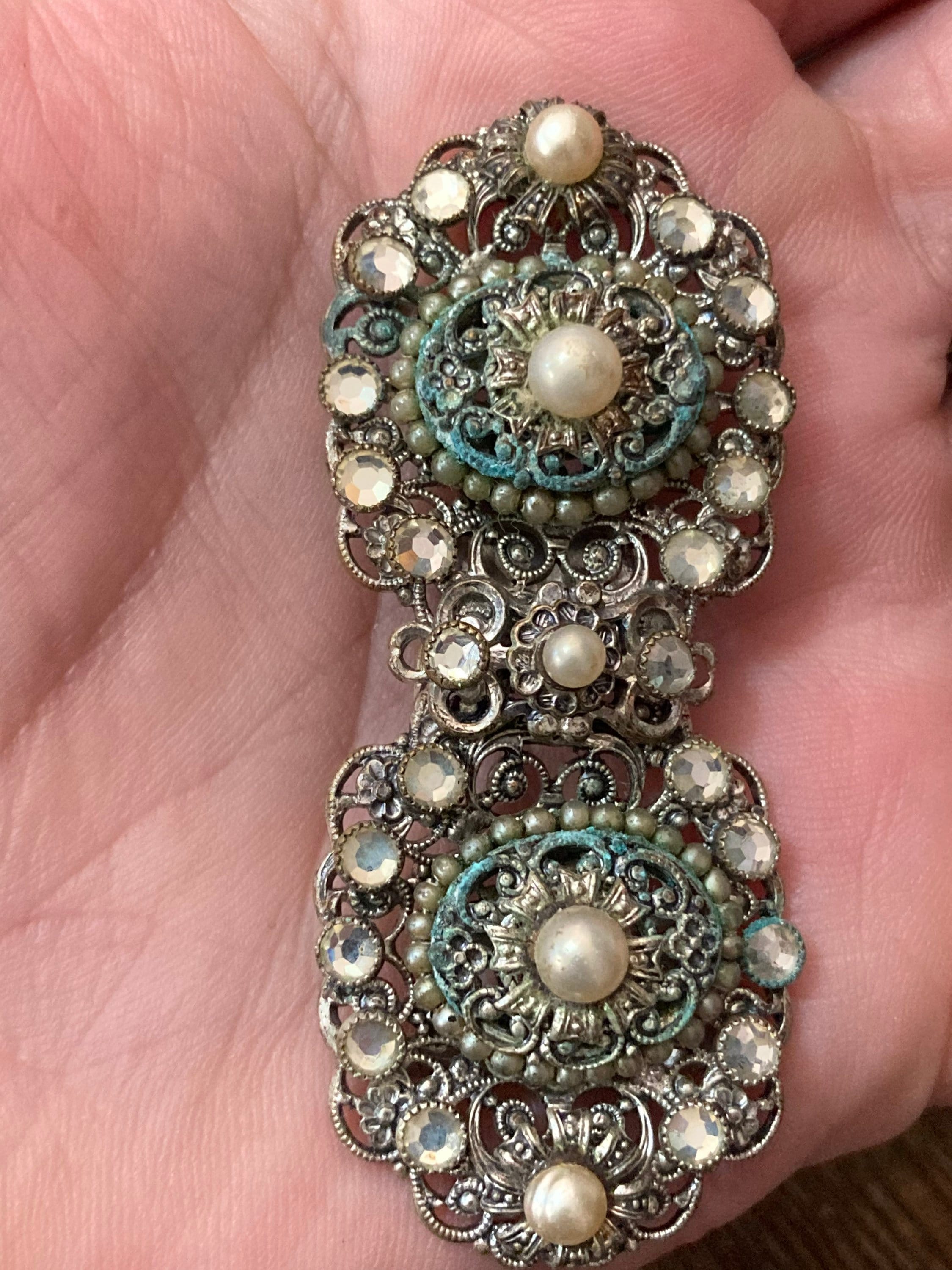 2 part pearl paste diamanté belt buckle Czech brass filigree Art deco