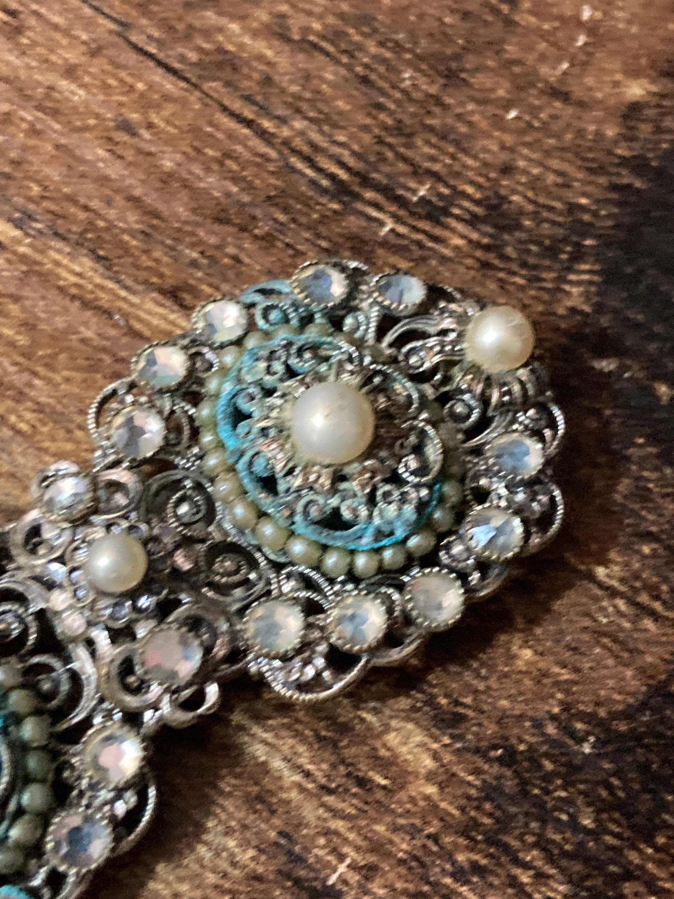 2 part pearl paste diamanté belt buckle Czech brass filigree Art deco