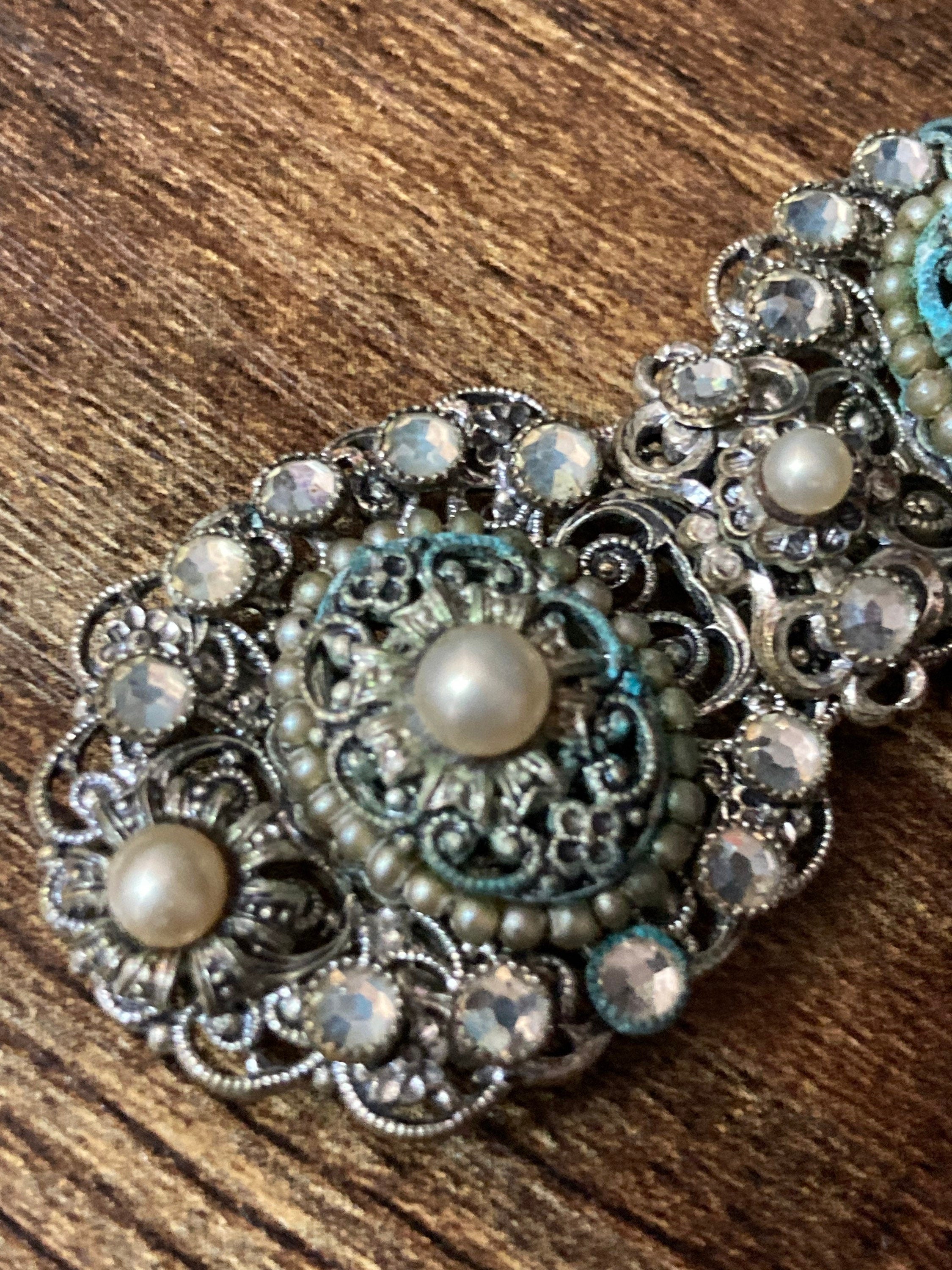 2 part pearl paste diamanté belt buckle Czech brass filigree Art deco