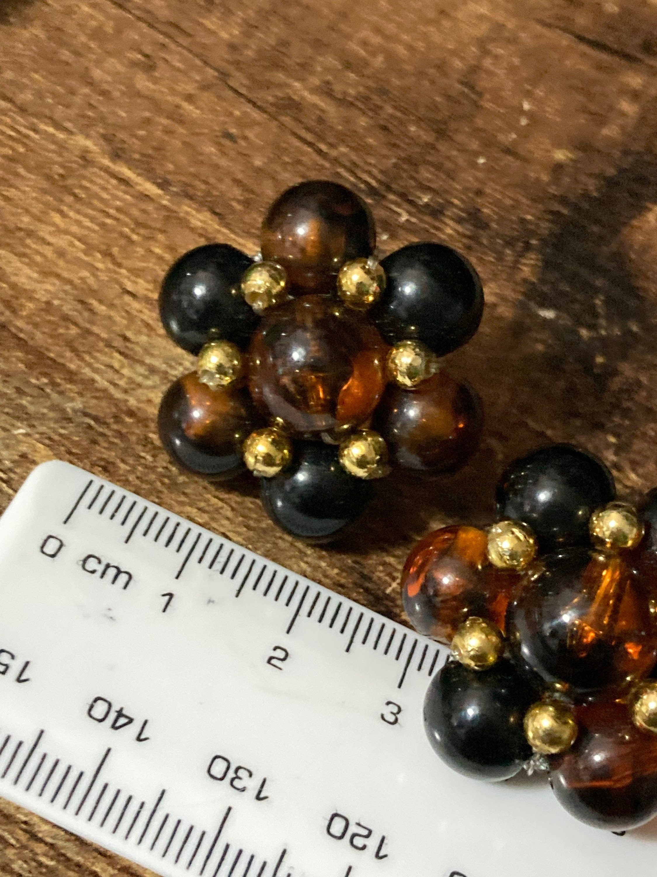 Oversized brown plastic beaded Cluster Clip On Earrings