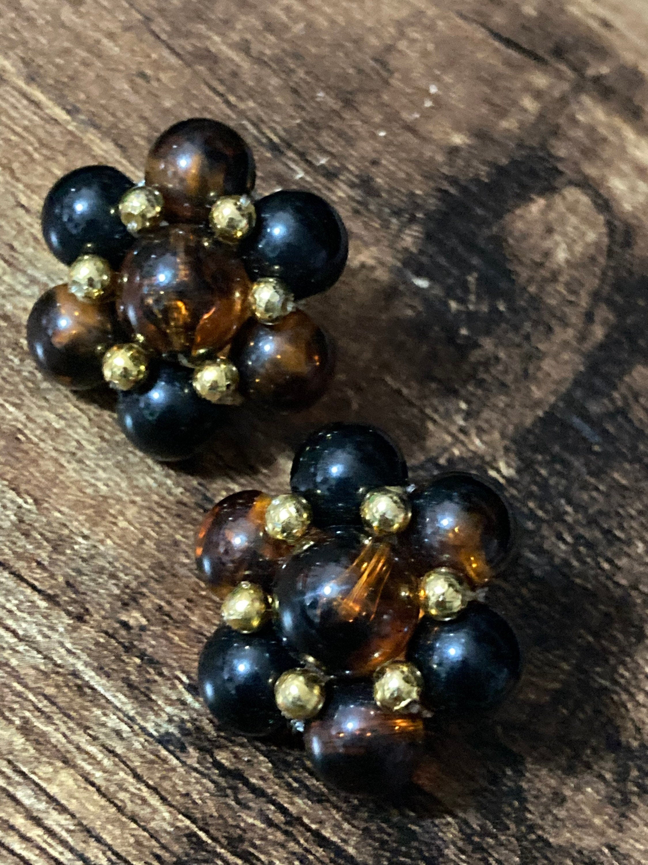 Oversized brown plastic beaded Cluster Clip On Earrings