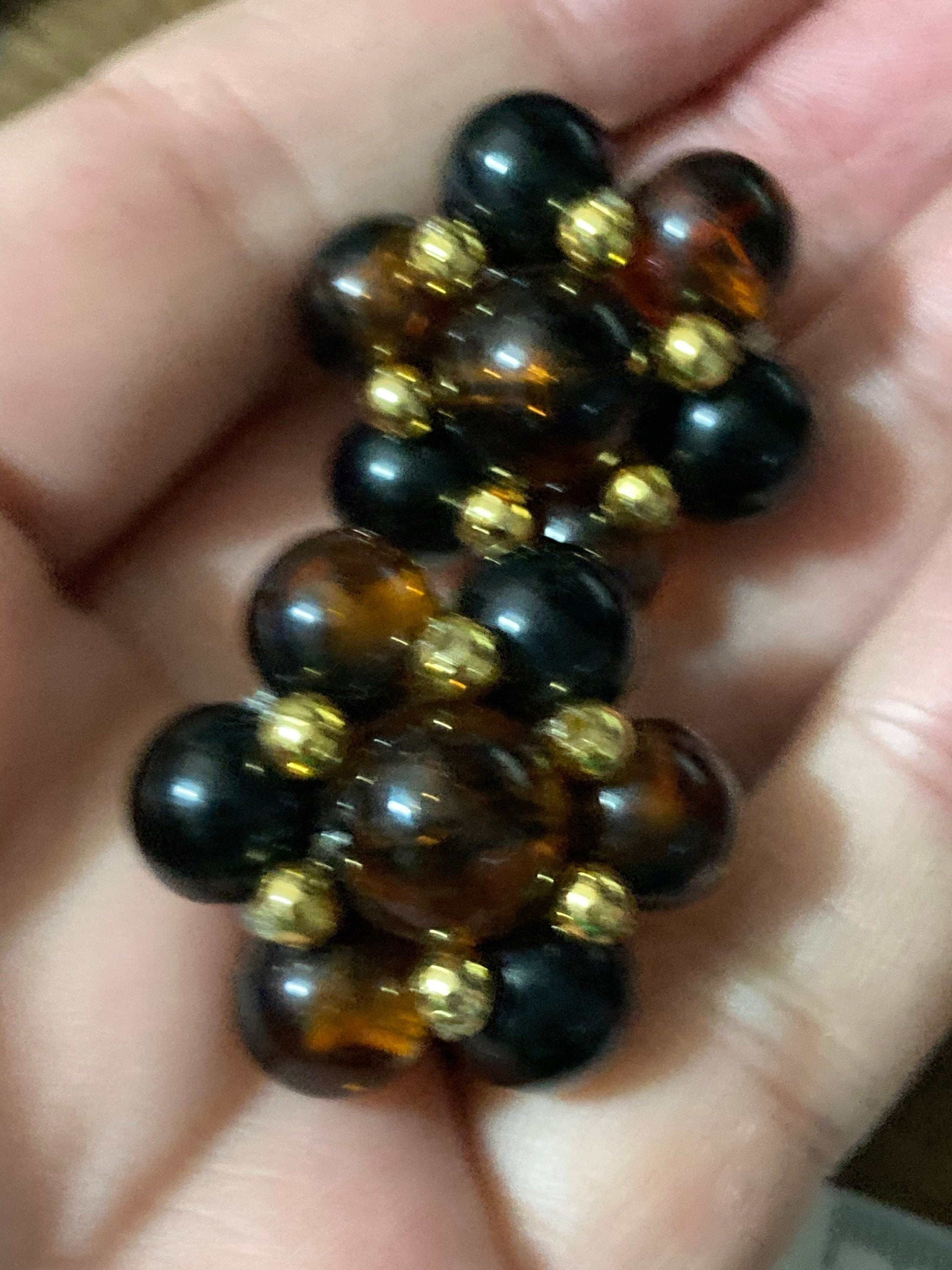 Oversized brown plastic beaded Cluster Clip On Earrings