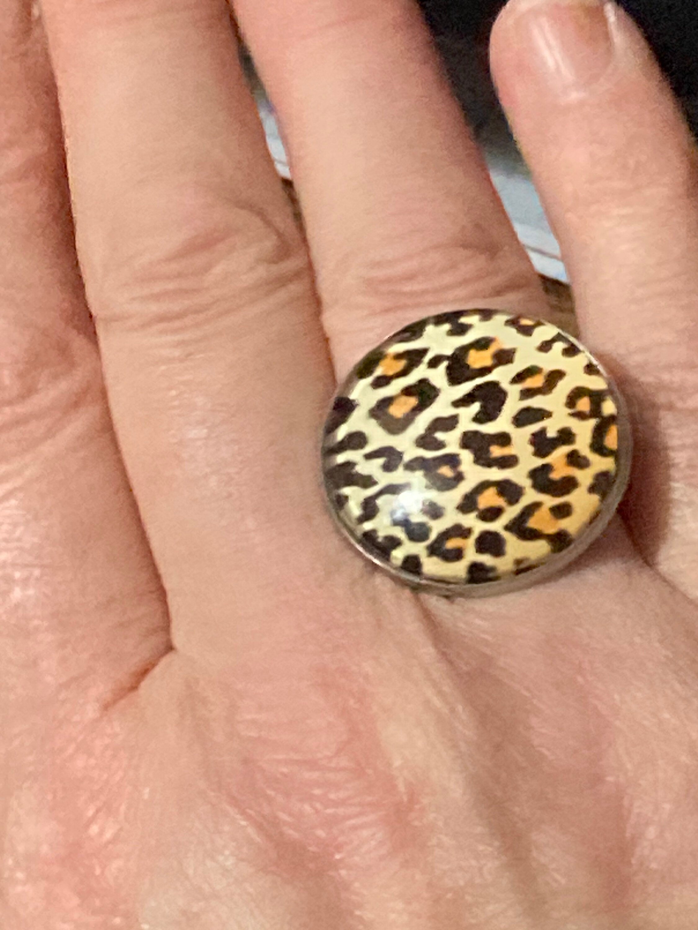 Oversized Leopard print ring stainless steel, non Tarnish glass cabochon