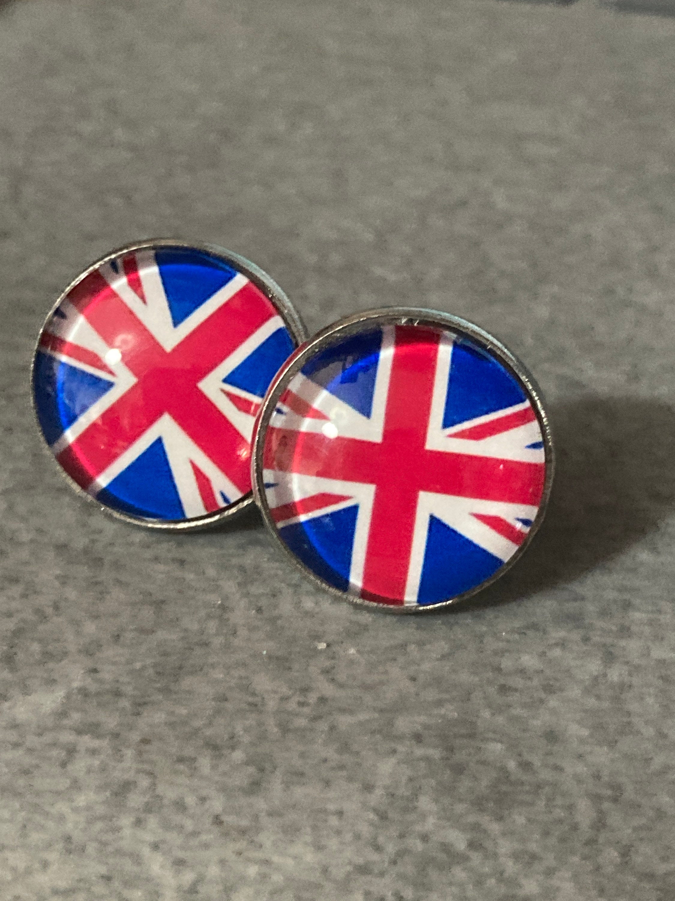 Union Jack stud earrings with 16mm glass cabochons stainless steel