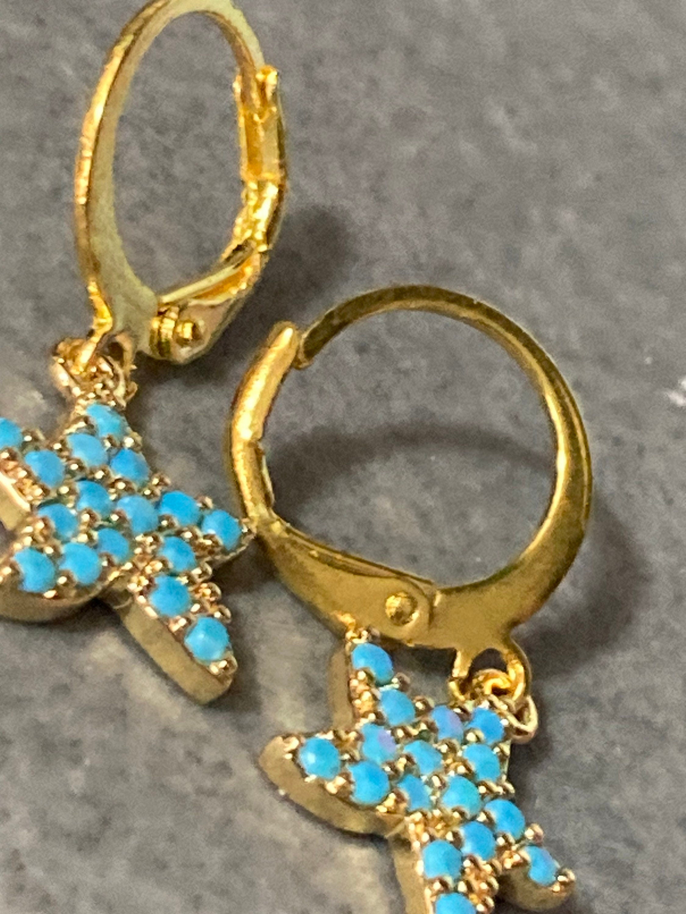Turquoise micro diamanté starfish drop earrings 18k gold plated dangly