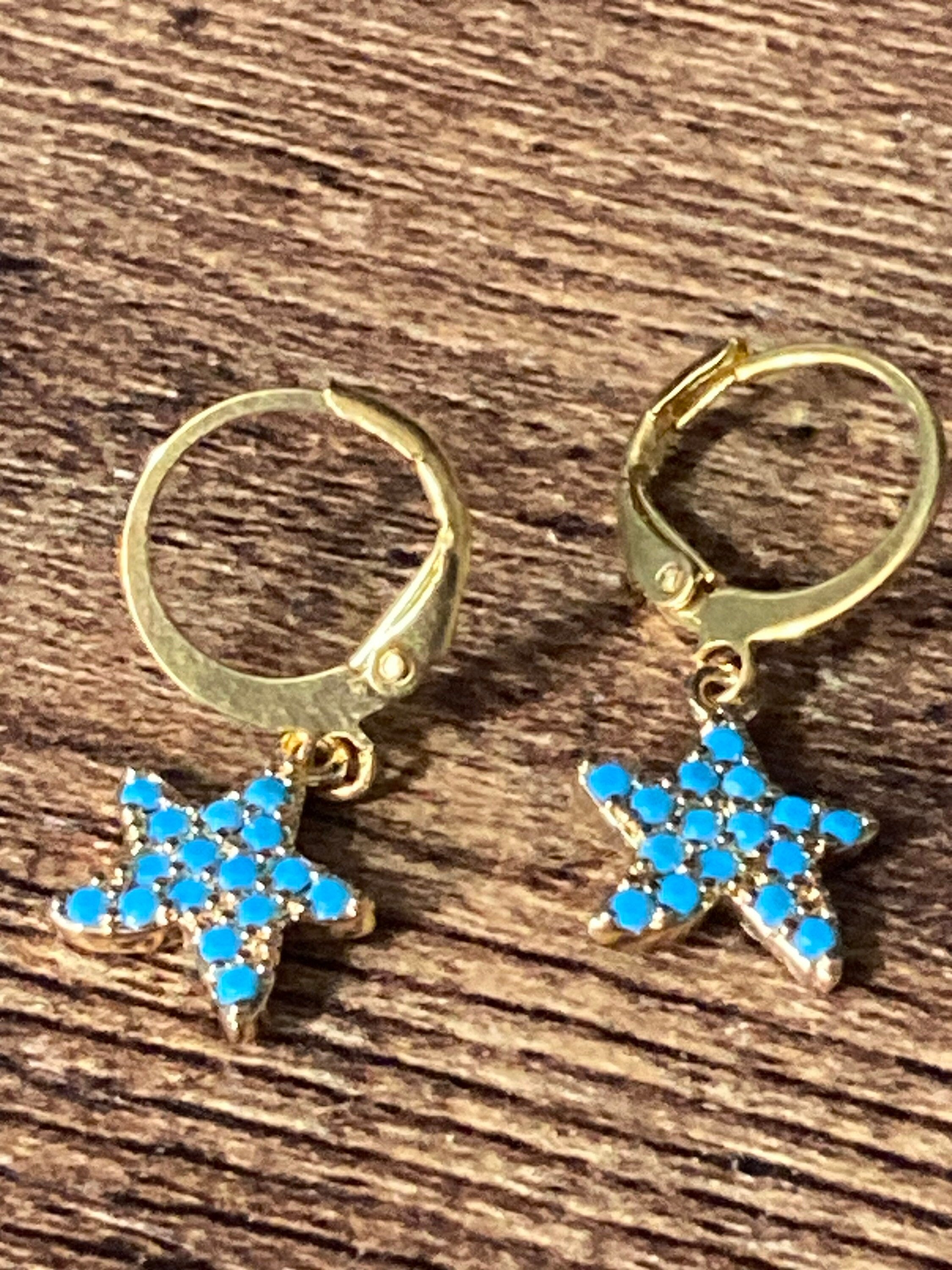 Turquoise micro diamanté starfish drop earrings 18k gold plated dangly