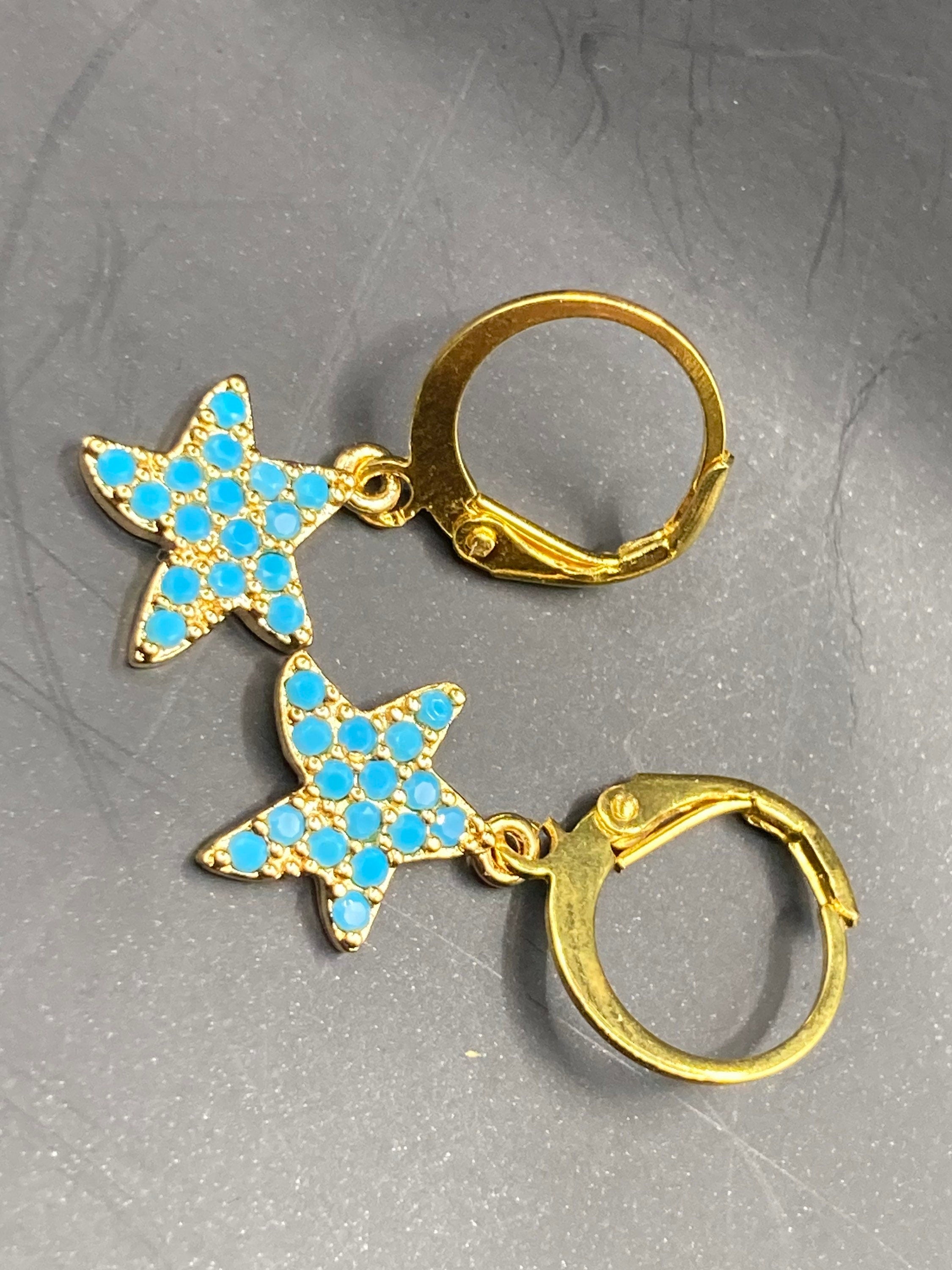 Turquoise micro diamanté starfish drop earrings 18k gold plated dangly