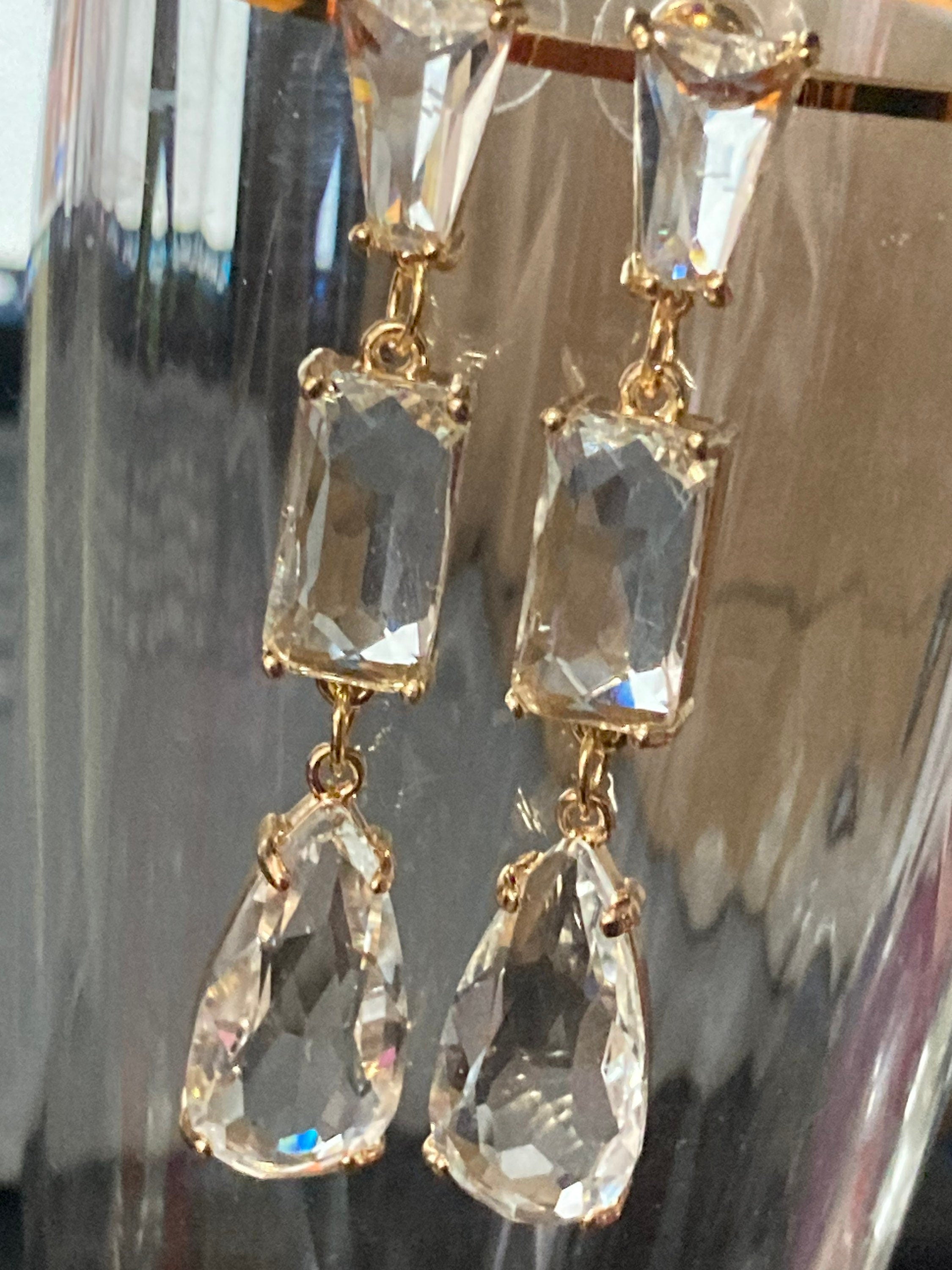 18 carat gold plated earwires stunning teardrop clear crystal long drop earrings for pierced ears