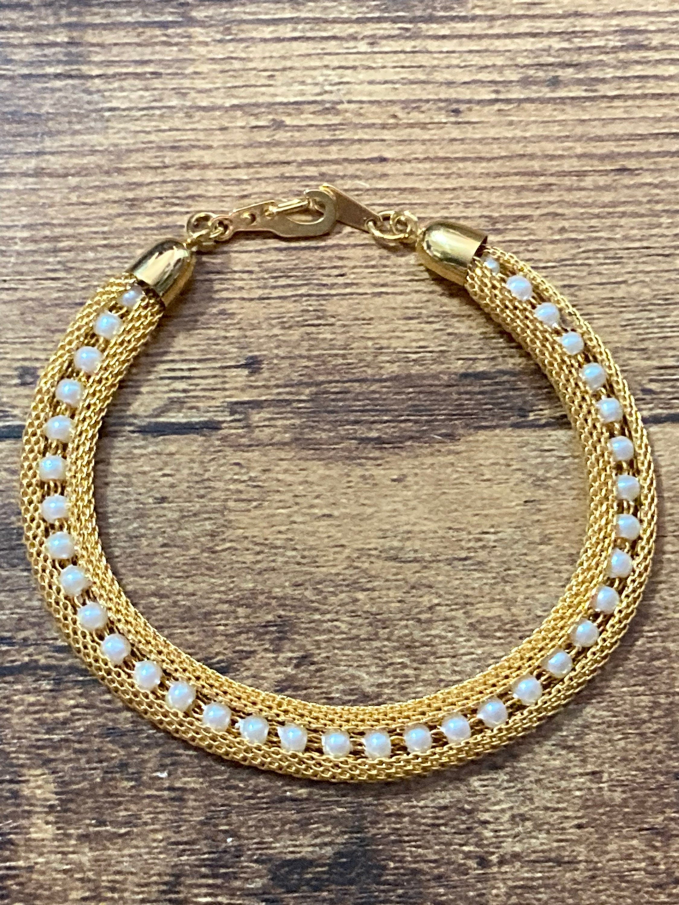 gold tone mesh cuff bracelet with faux pearl