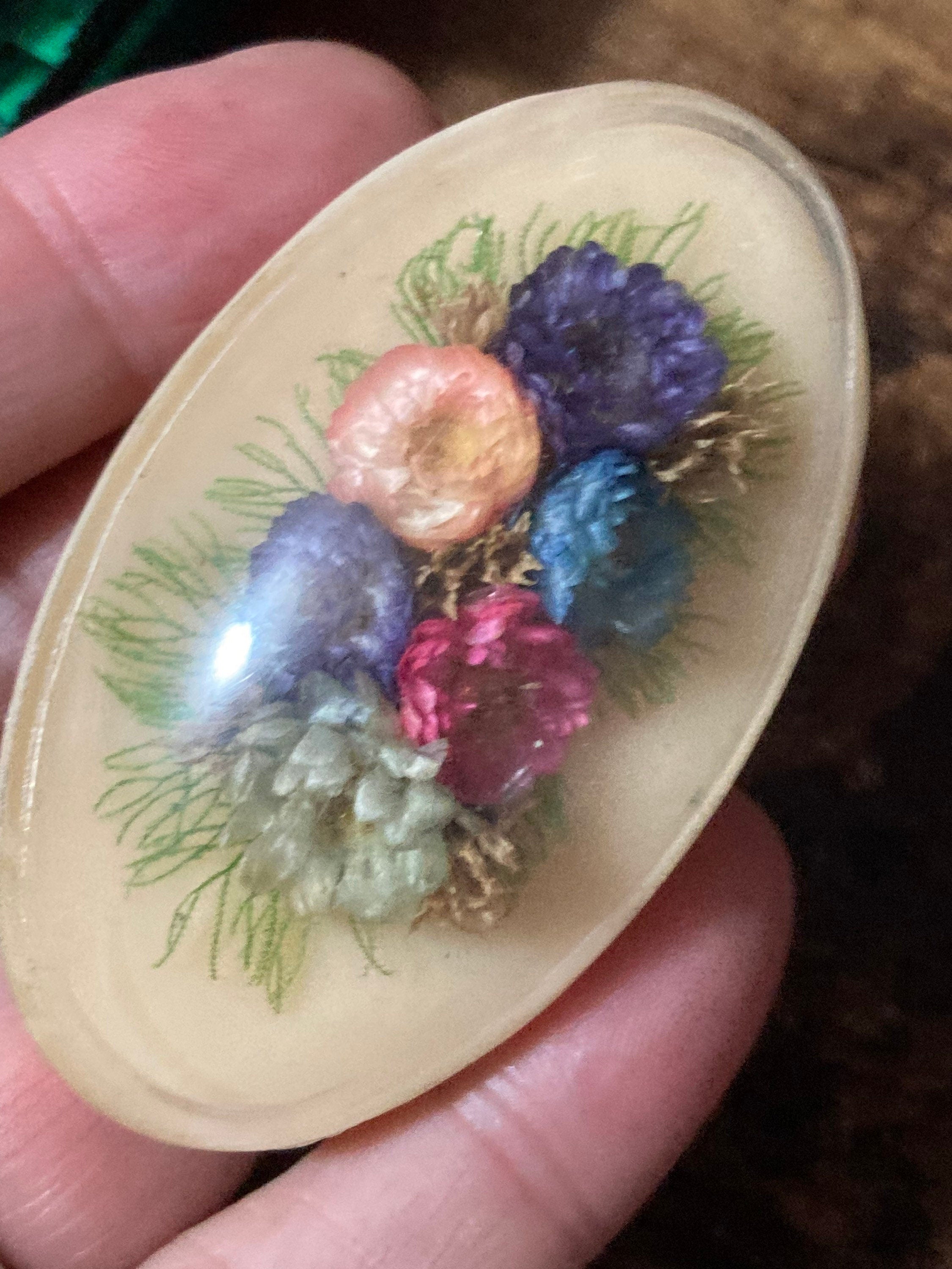 early plastic celluloid domed dried flowers floral bouquet brooch 1930s large oval Vintage kitsch