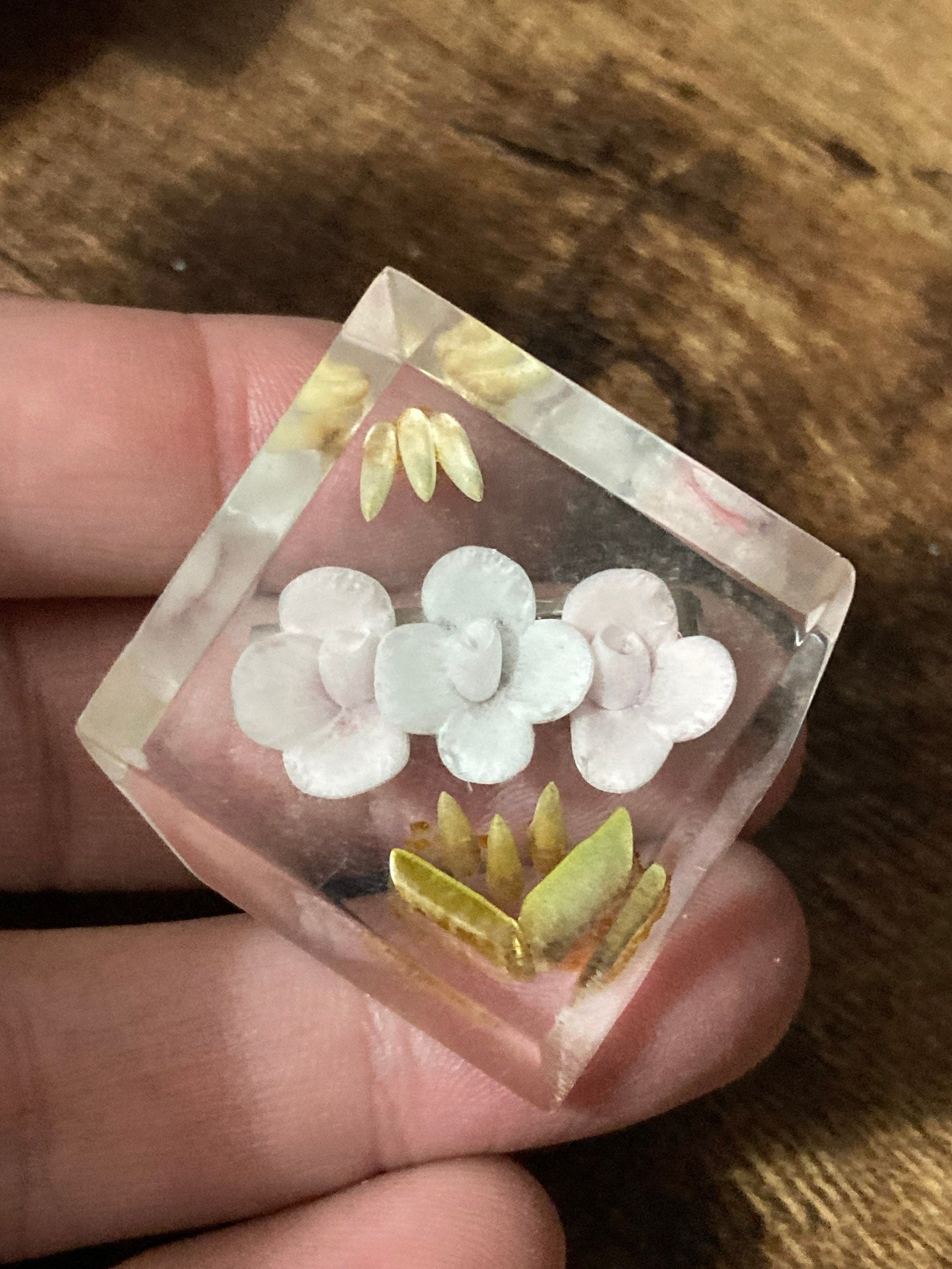 1940s lucite reverse carved pink floral flower brooch early plastic perspex