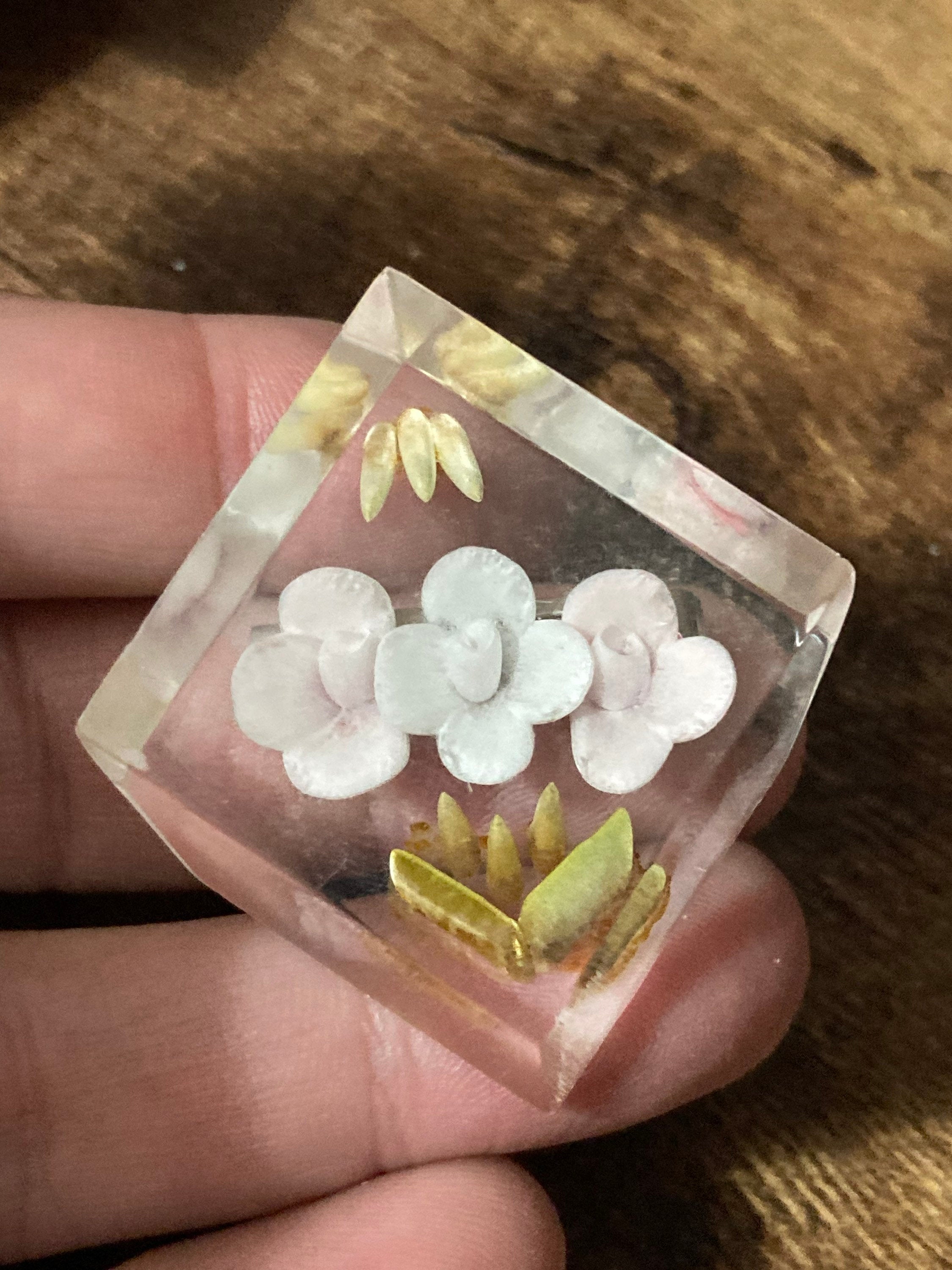 1940s lucite reverse carved pink floral flower brooch early plastic perspex