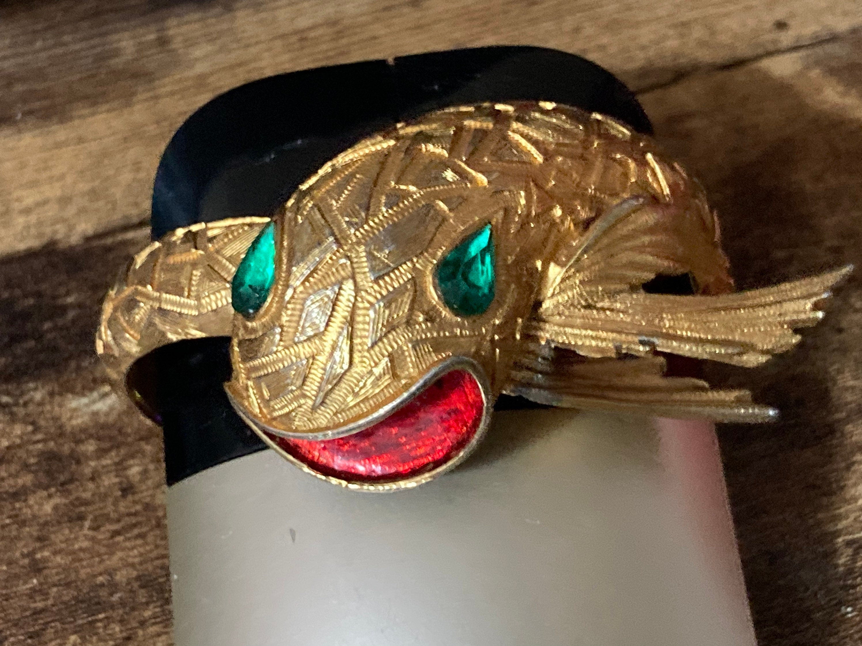 gold Chinese serpent snake clamper bangle bracelet with red enamel and emerald rhinestones mid century