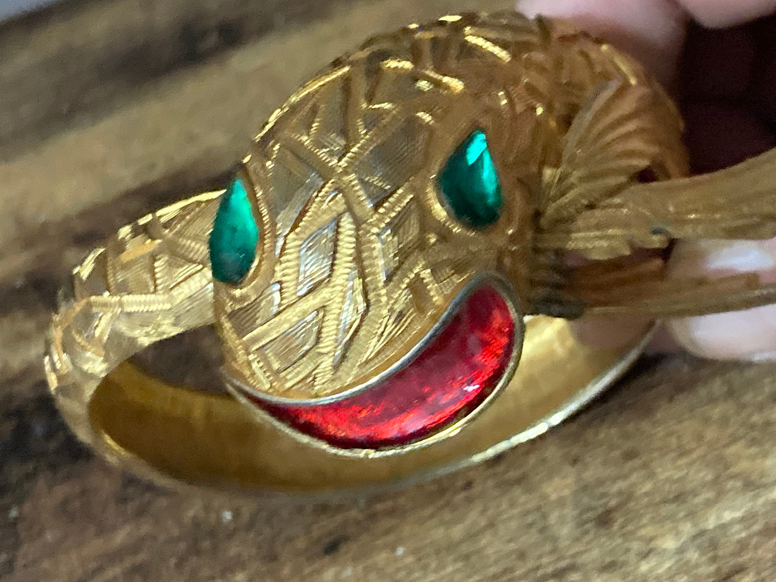 gold Chinese serpent snake clamper bangle bracelet with red enamel and emerald rhinestones mid century