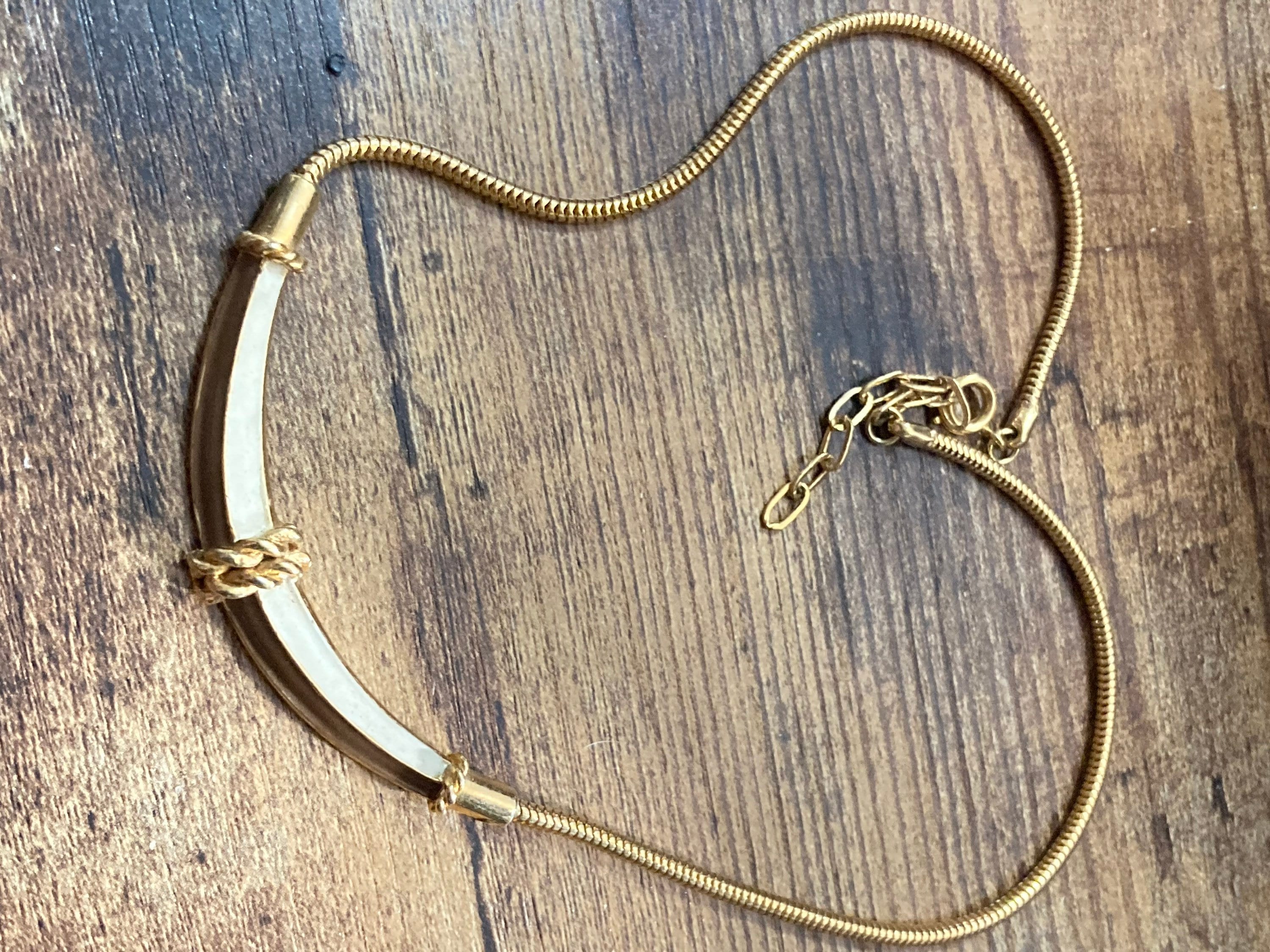 Gold tone brown cream enamel necklace 41cm