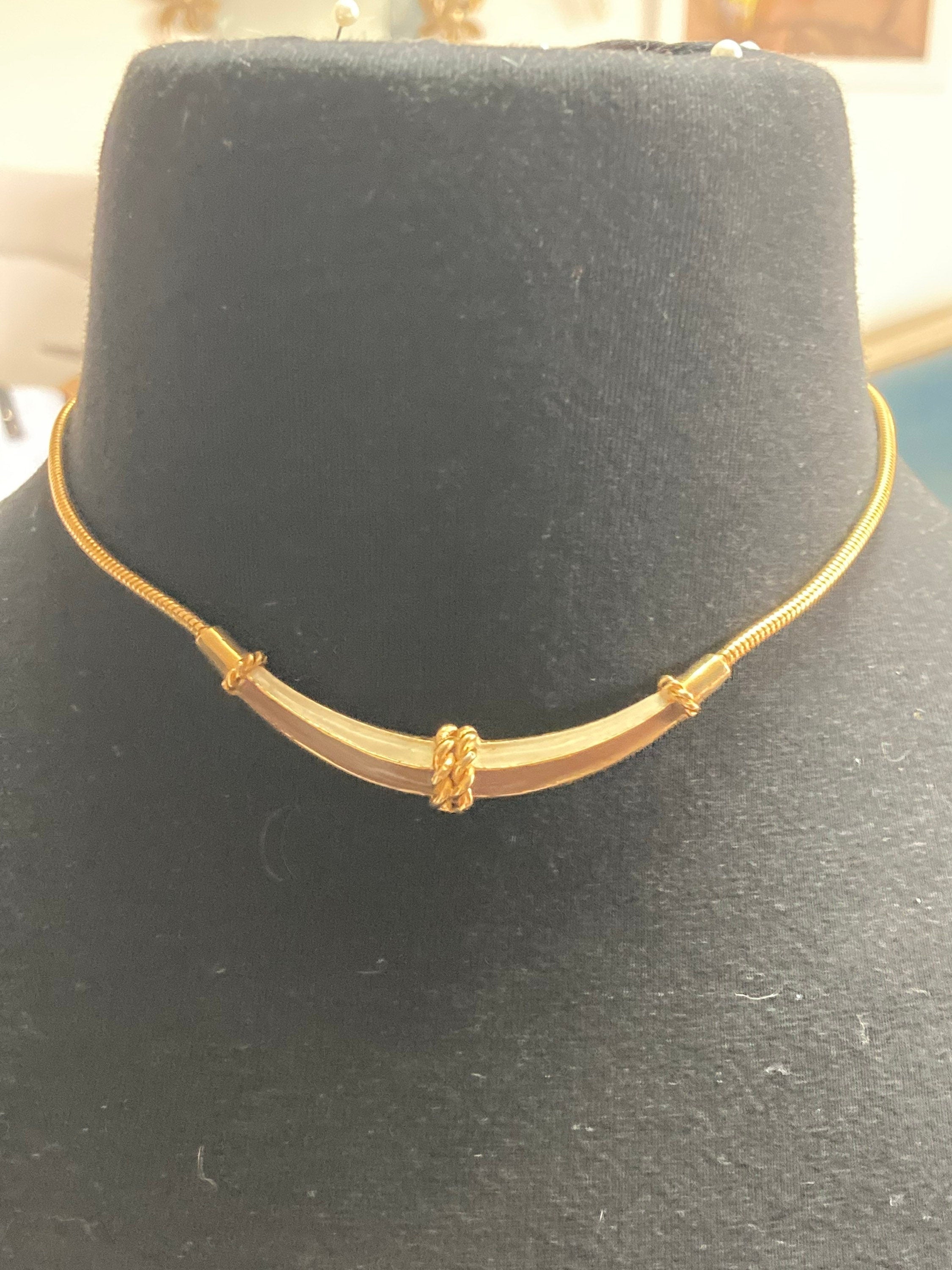 Gold tone brown cream enamel necklace 41cm