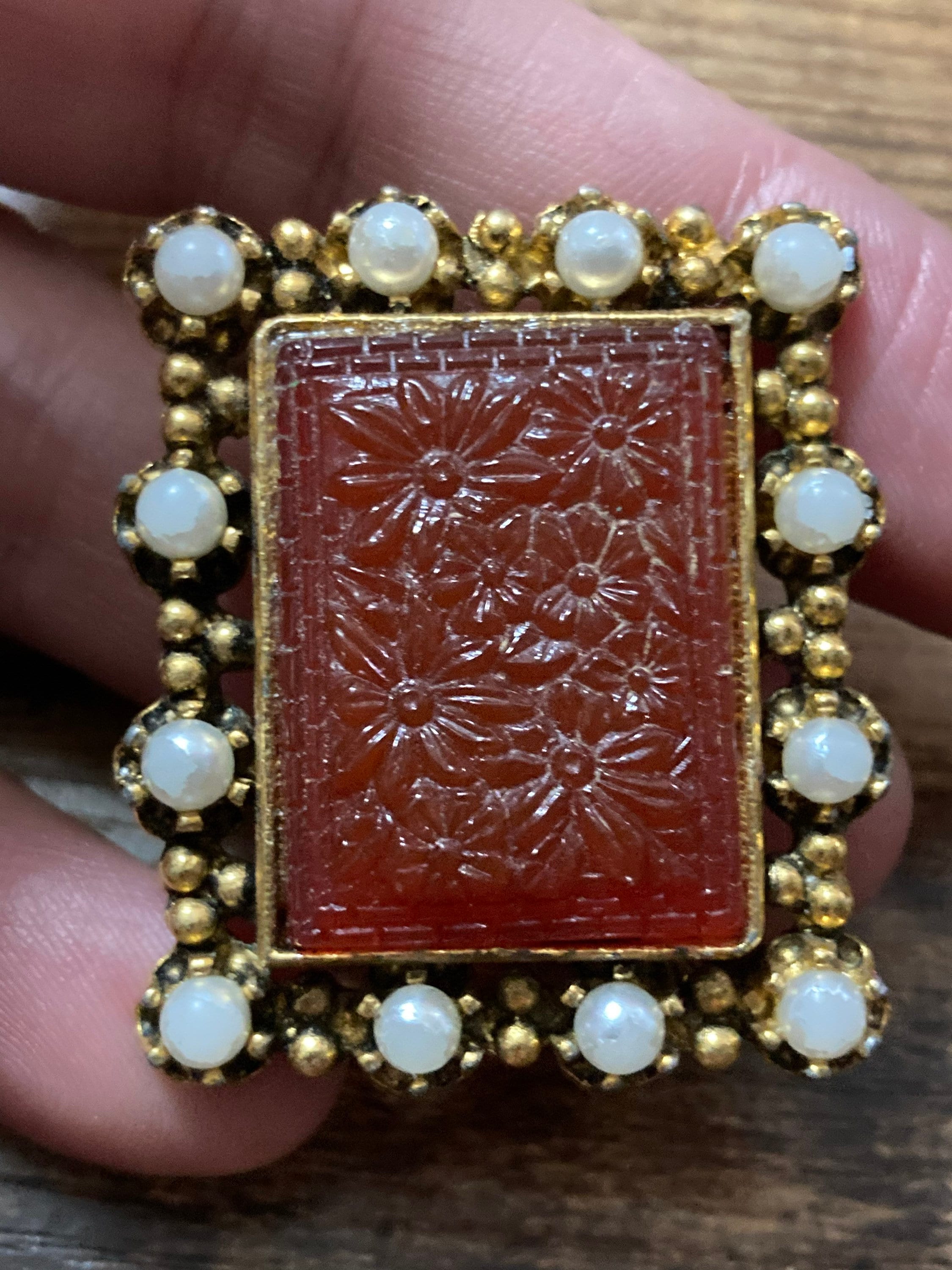 pressed glass faux carnelian rectangular brooch with faux pearls