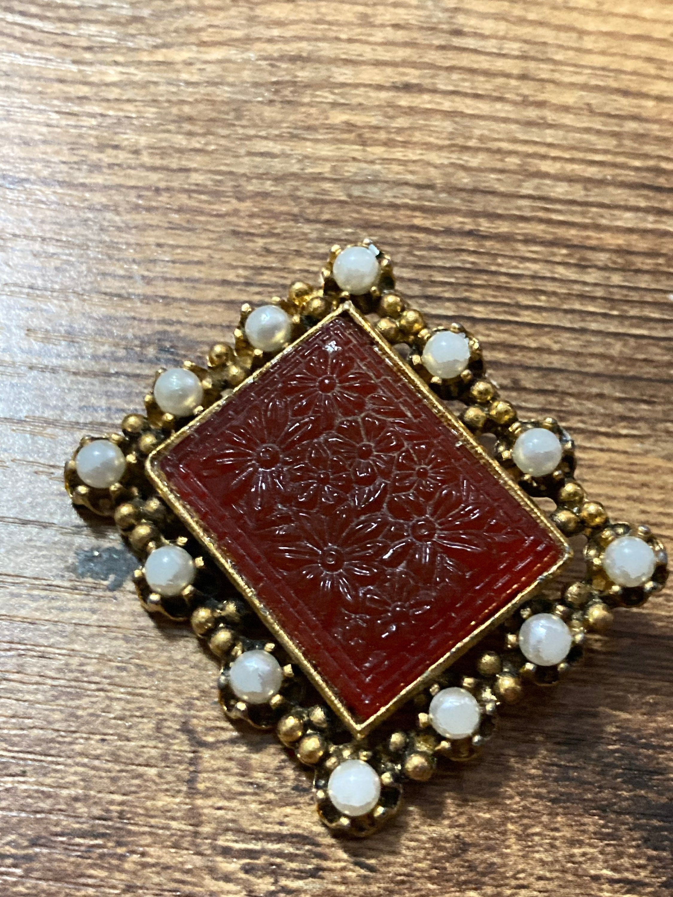 pressed glass faux carnelian rectangular brooch with faux pearls