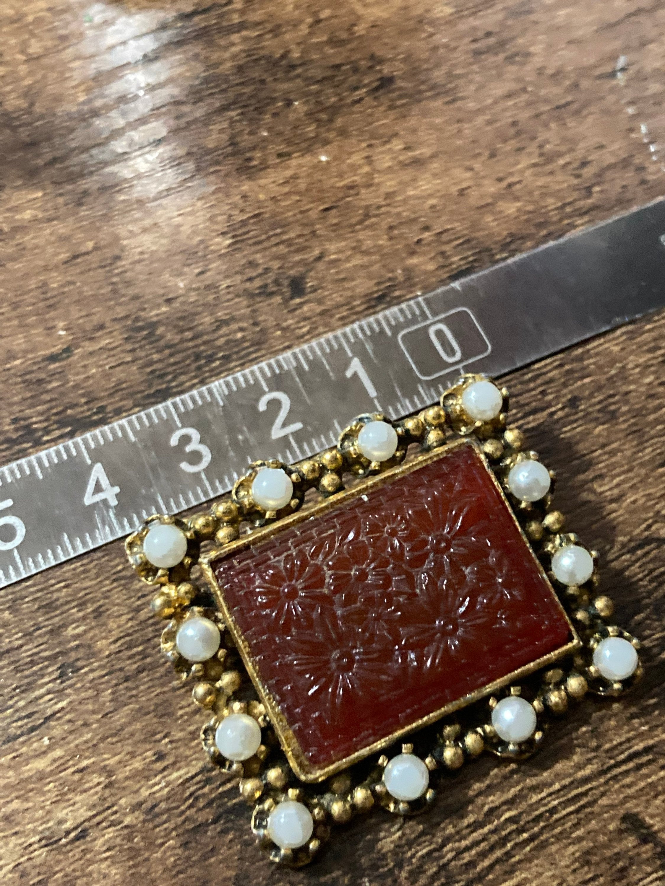 pressed glass faux carnelian rectangular brooch with faux pearls