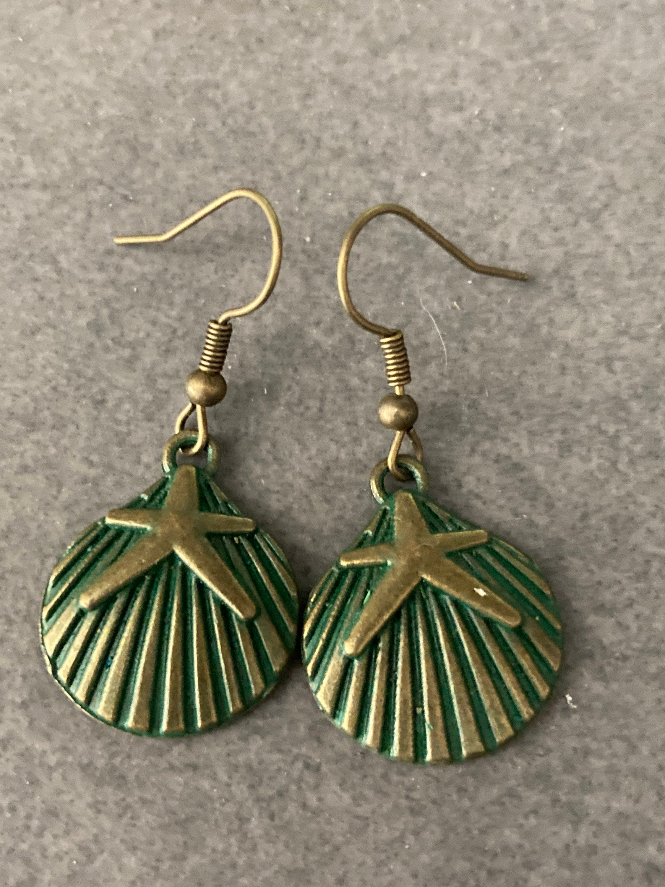 Bronze green scallop shell starfish earrings antique gold verdigris tone pierced