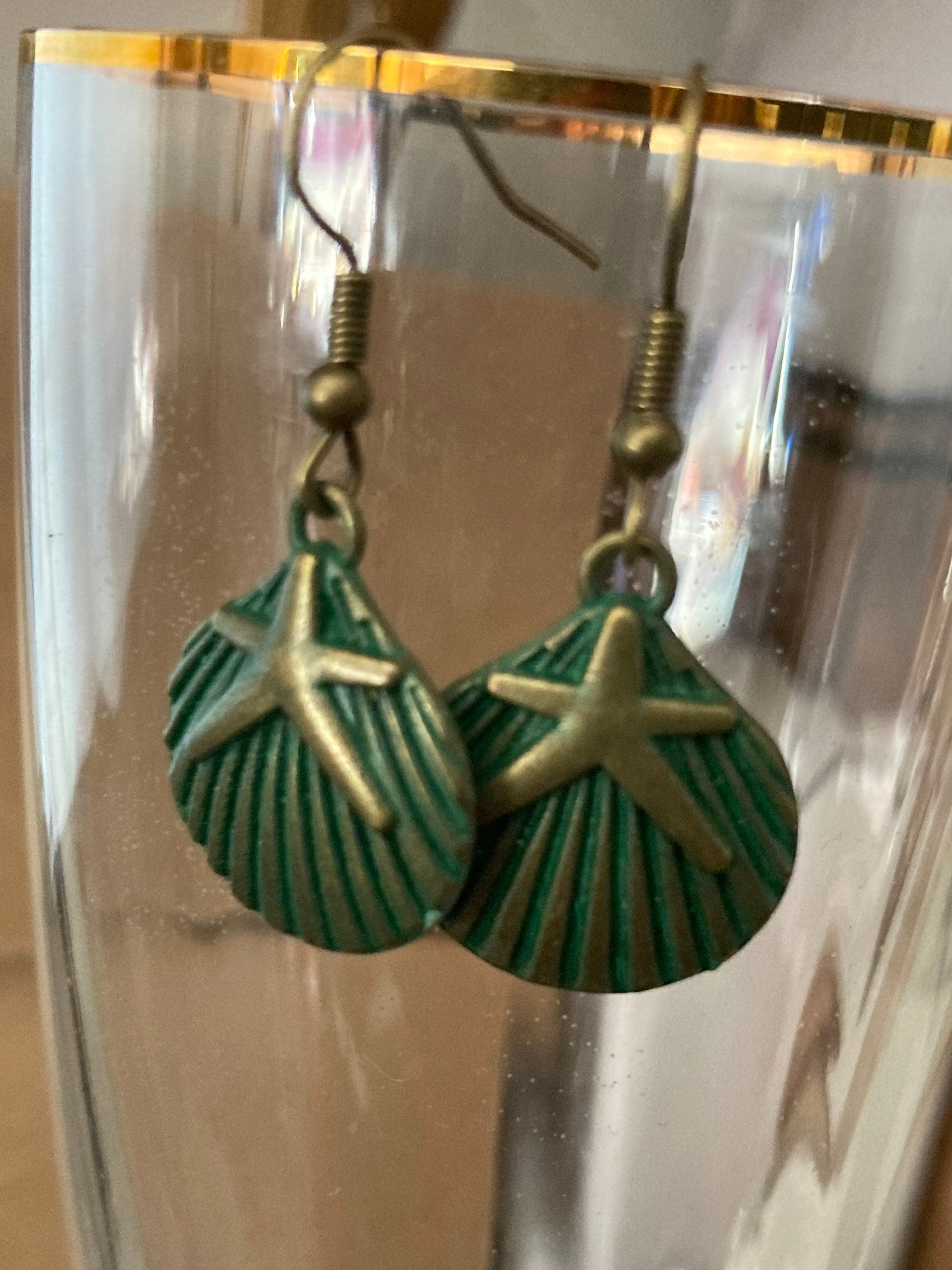Bronze green scallop shell starfish earrings antique gold verdigris tone pierced