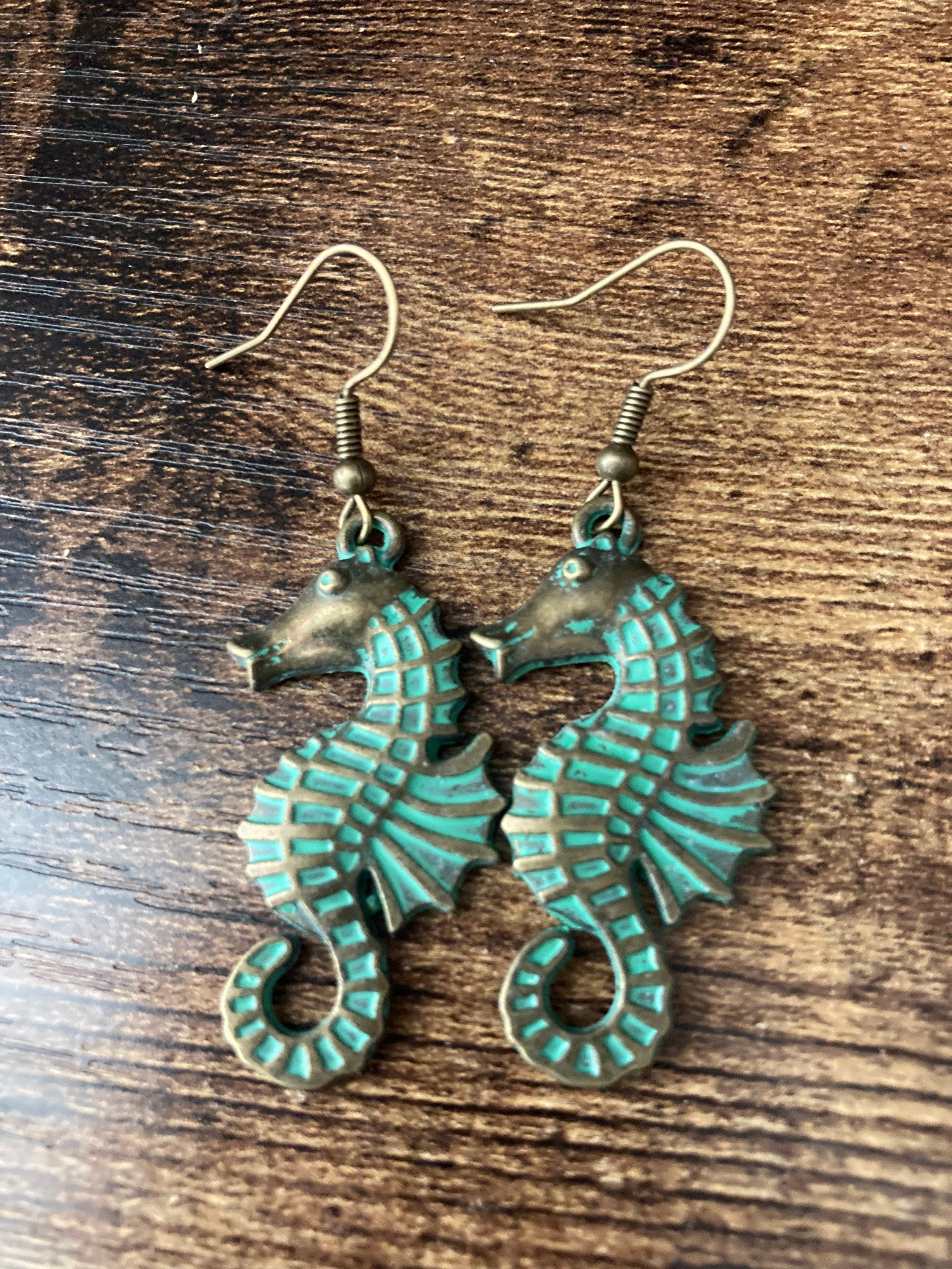 Bronze green scallop shell starfish earrings antique gold verdigris tone pierced