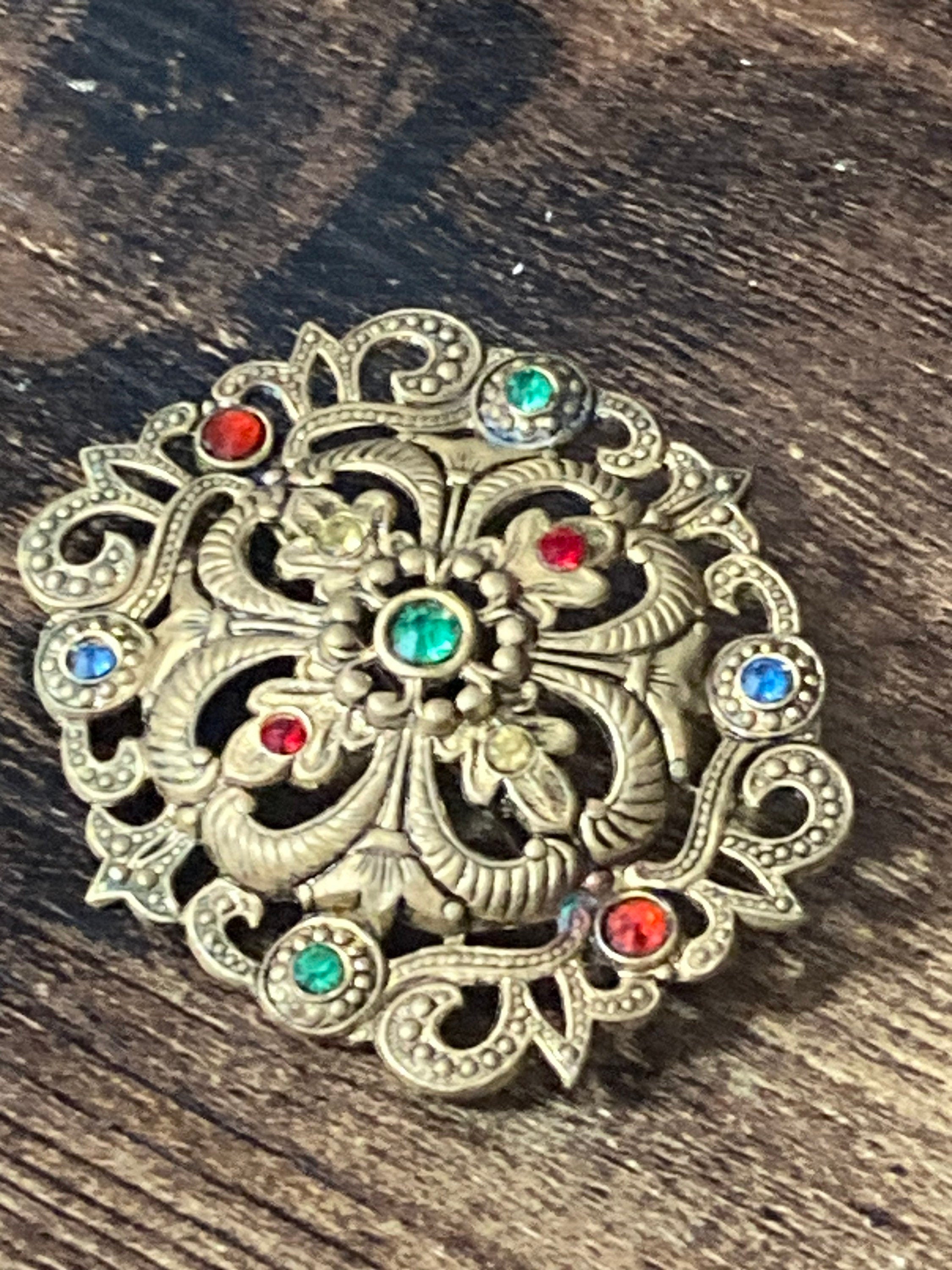 Art Deco Czech brass filigree brooch turquoise blue green paste stones