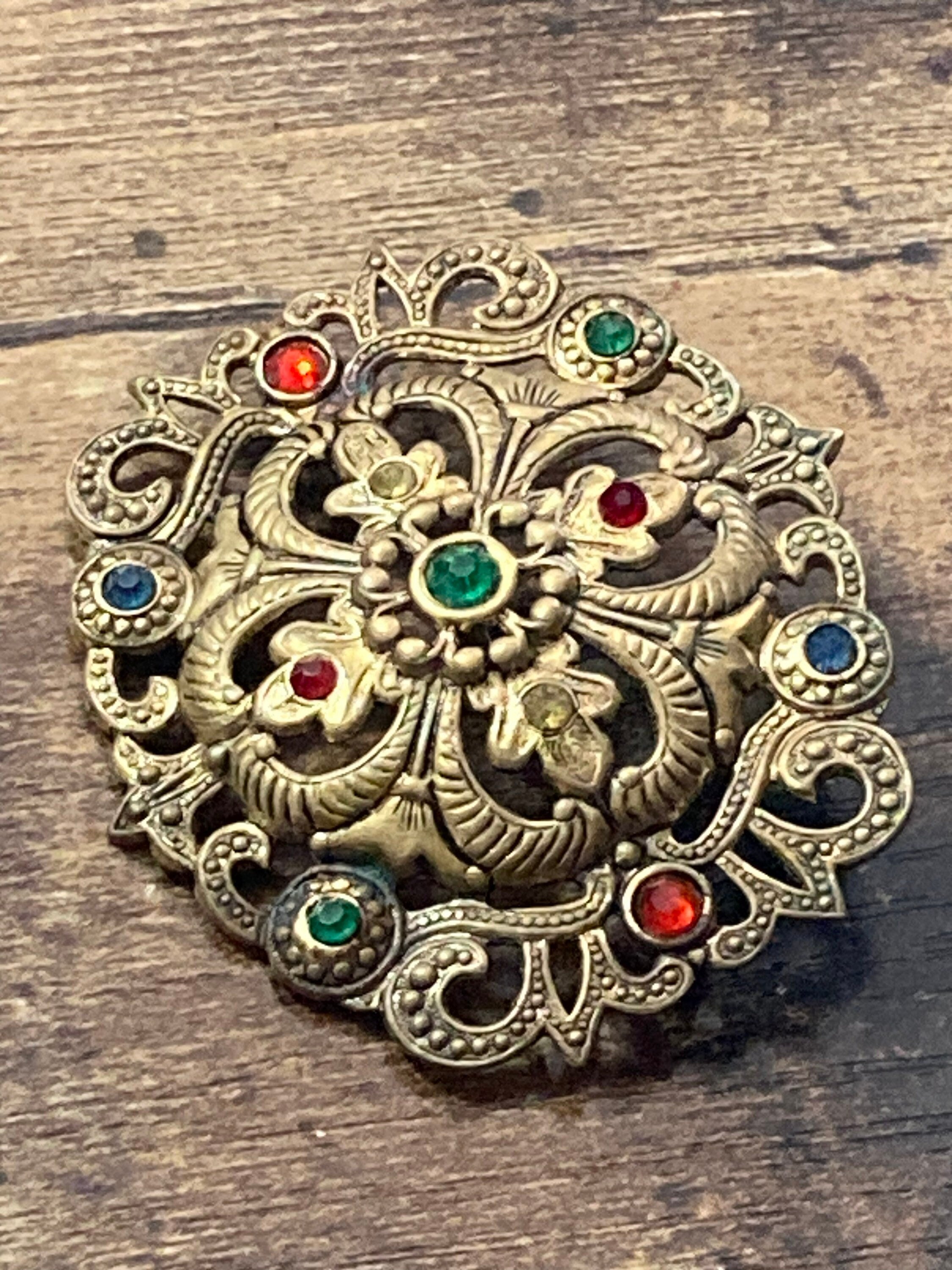 Art Deco Czech brass filigree brooch turquoise blue green paste stones