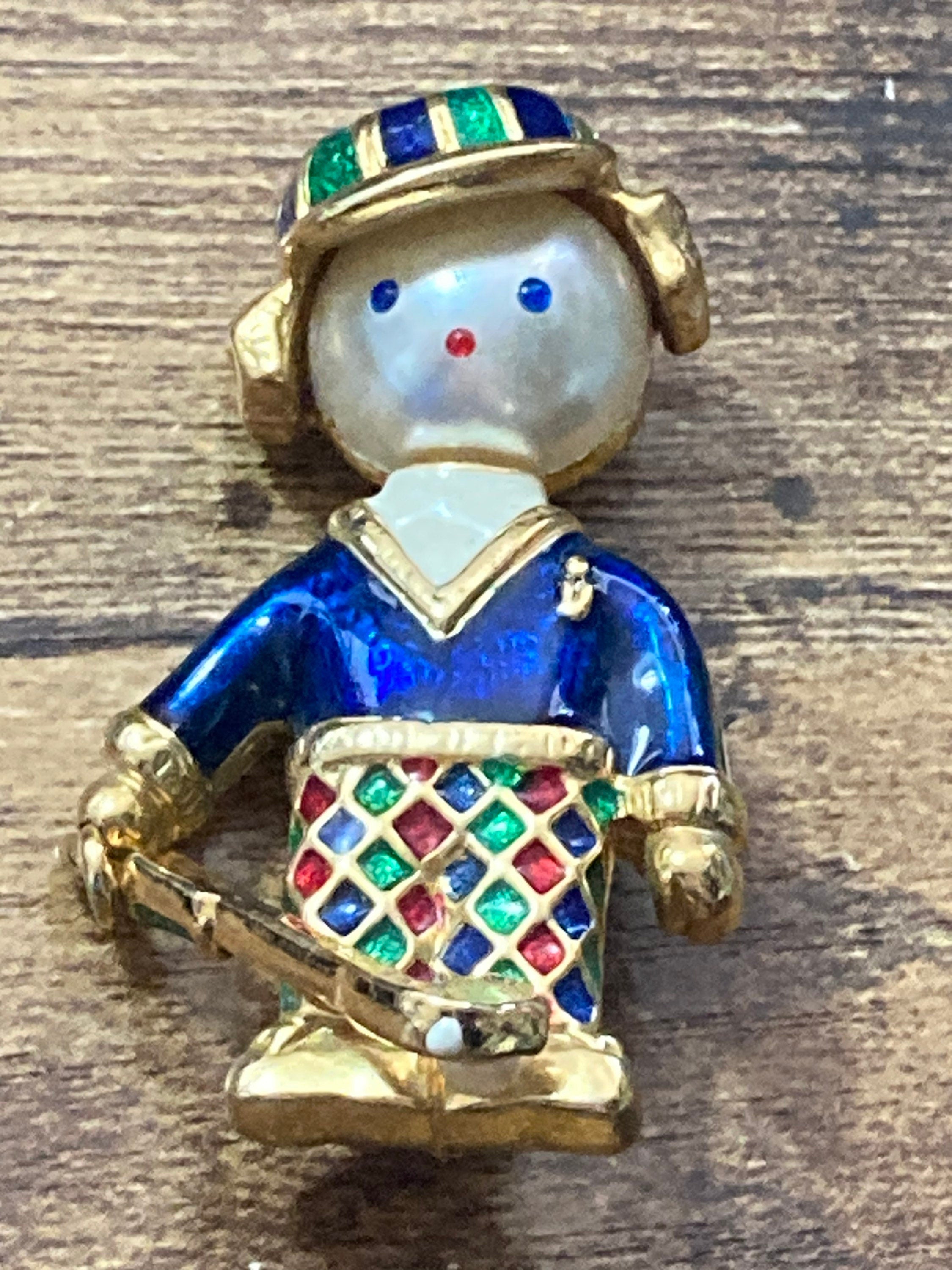 Vintage golfer brooch blue green enamel faux pearl articulated golf club