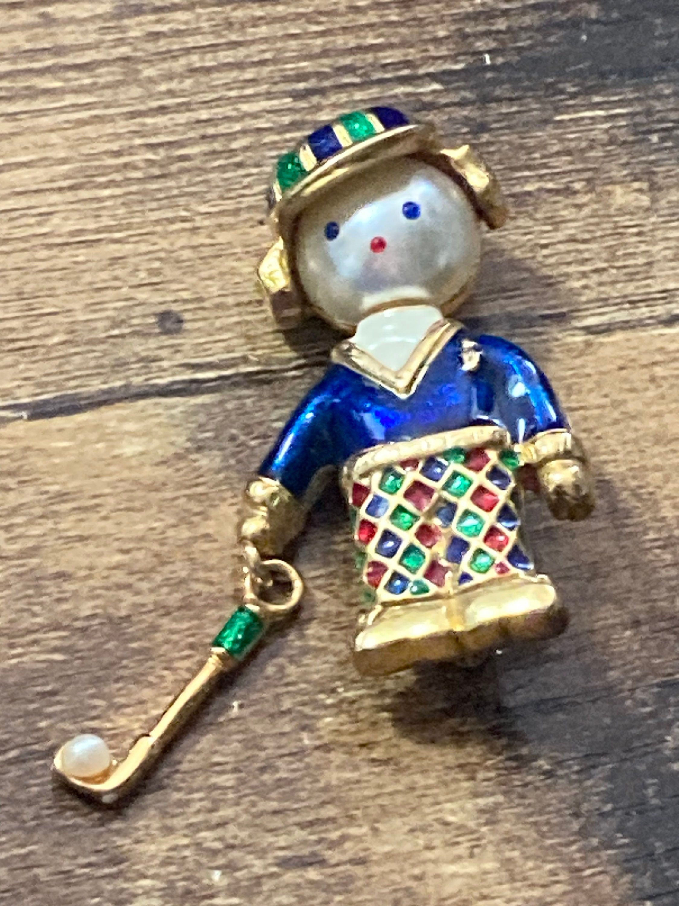 Vintage golfer brooch blue green enamel faux pearl articulated golf club