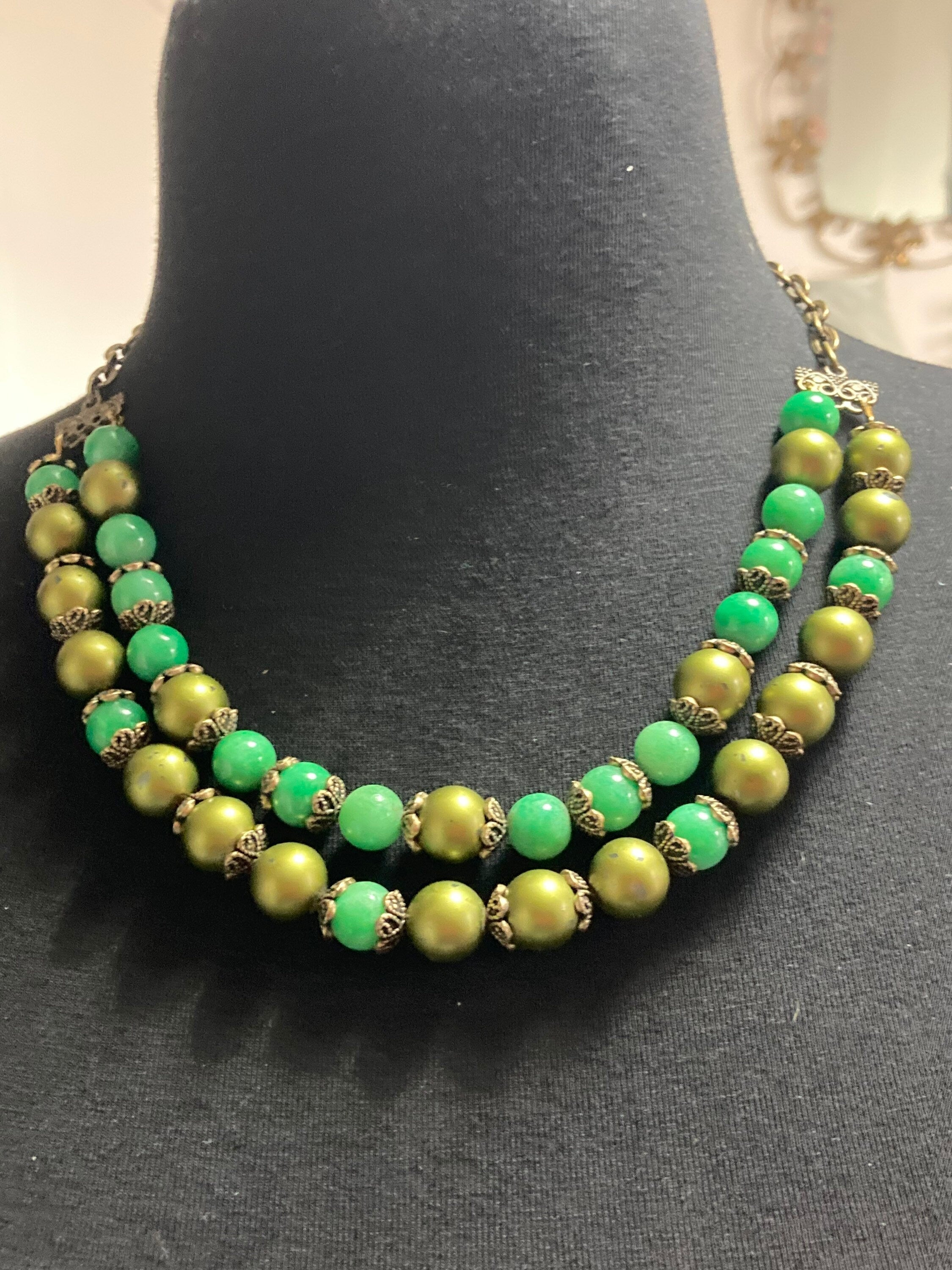 Faux Peking glass green pearl glass beaded multi strand necklace