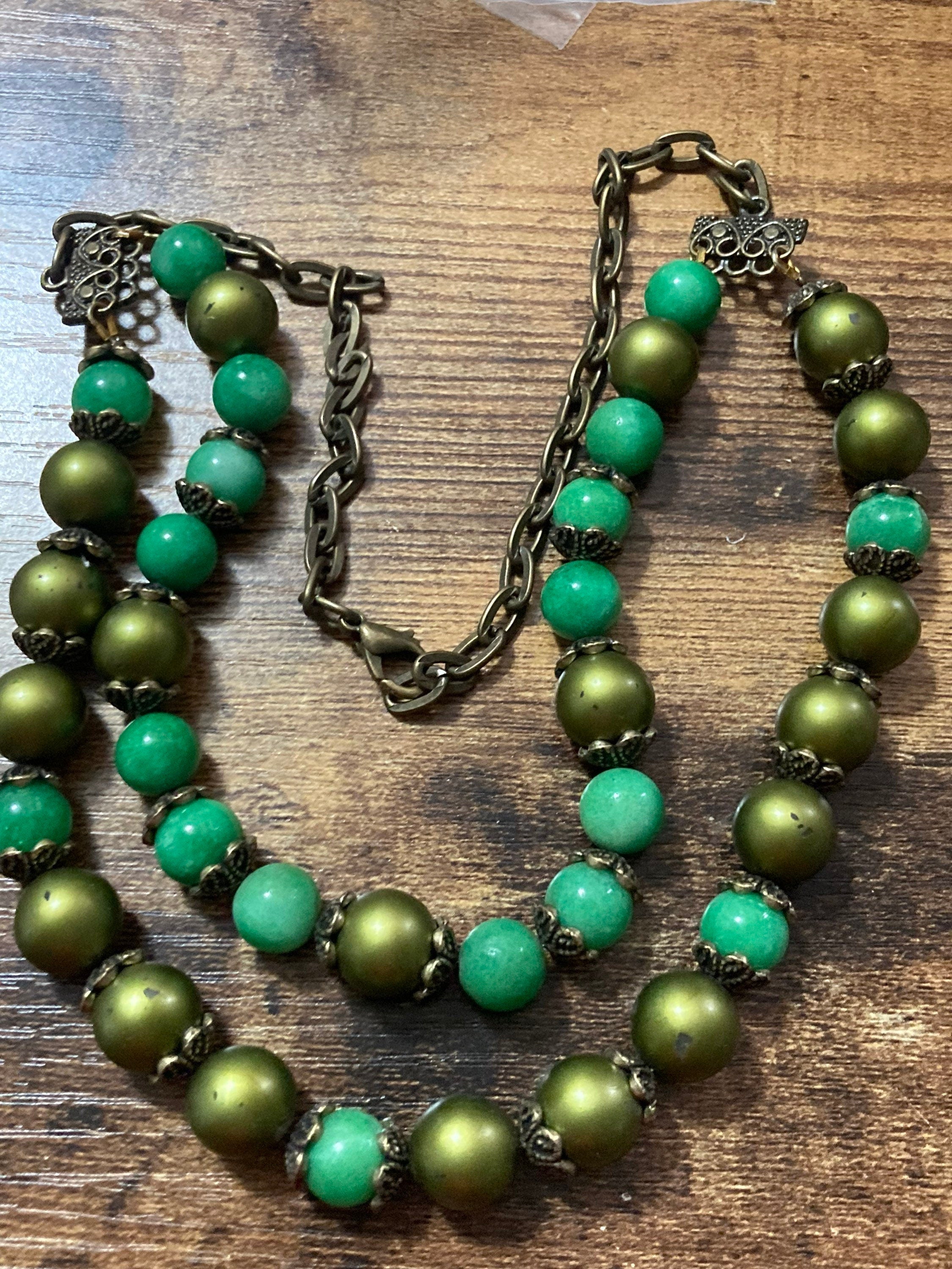 Faux Peking glass green pearl glass beaded multi strand necklace