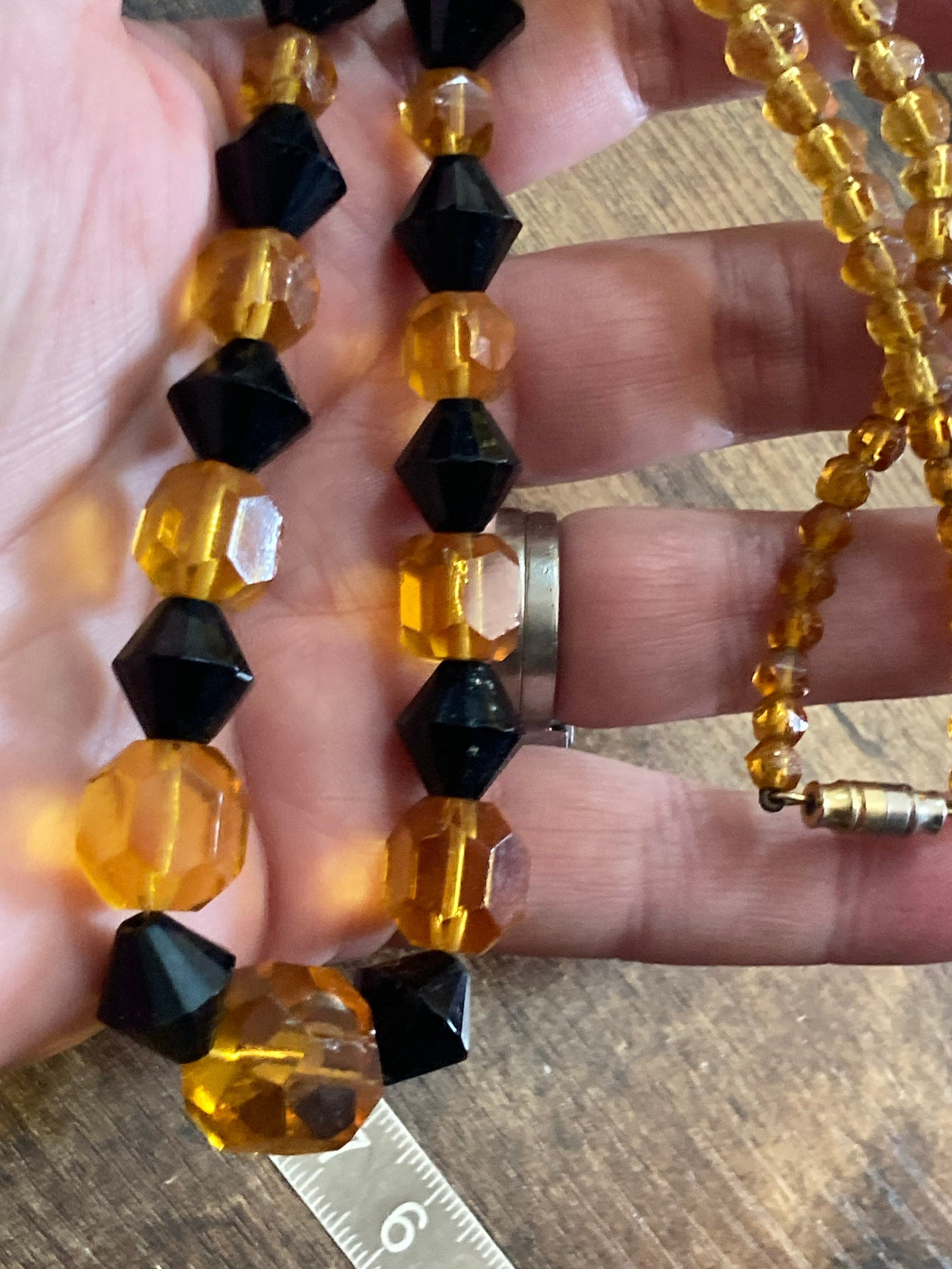 Long Antique black orange faceted glass beaded Art Deco necklace 46cm