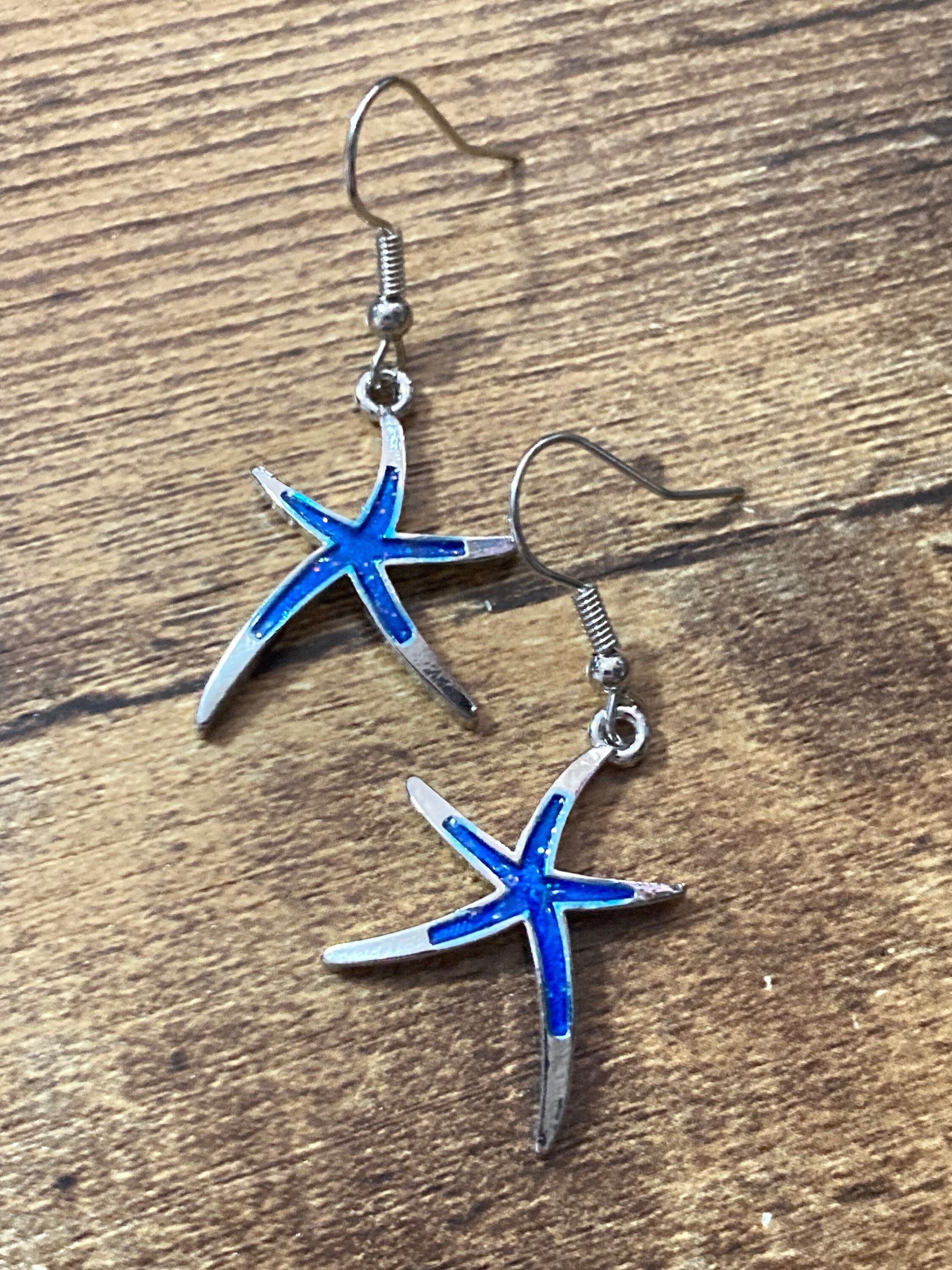 silver blue enamel starfish earrings for pierced ears
