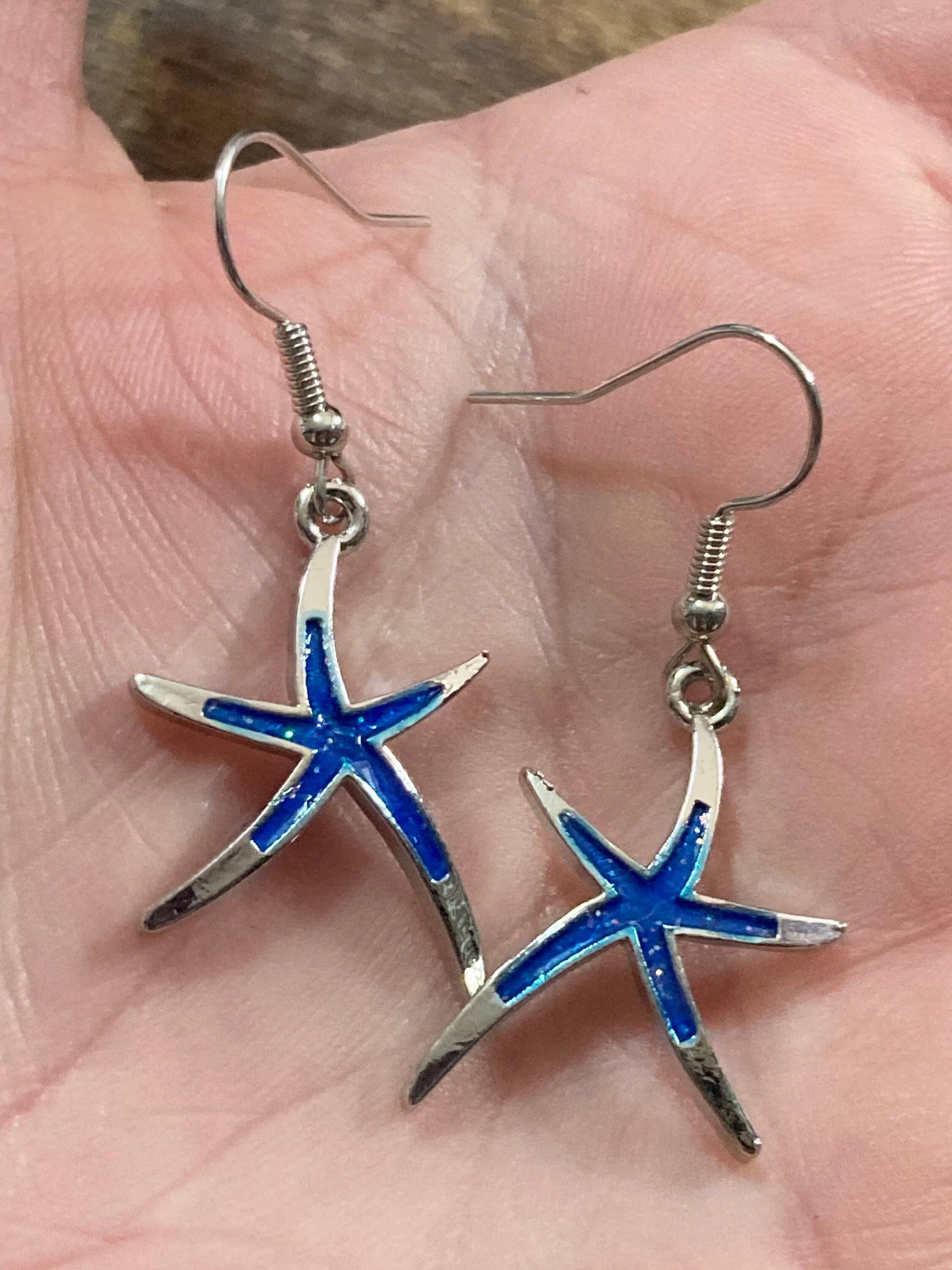 silver blue enamel starfish earrings for pierced ears