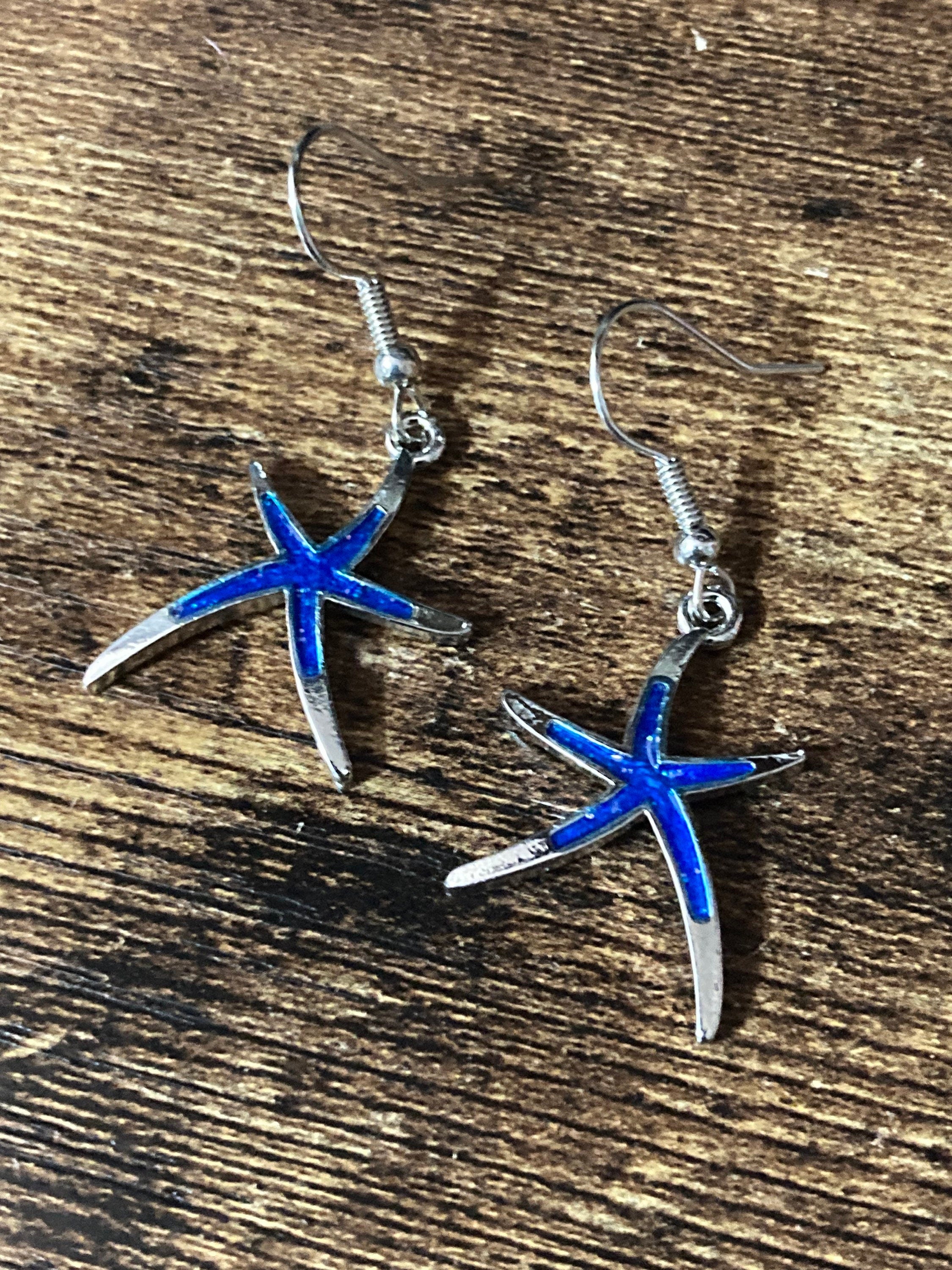 silver blue enamel starfish earrings for pierced ears